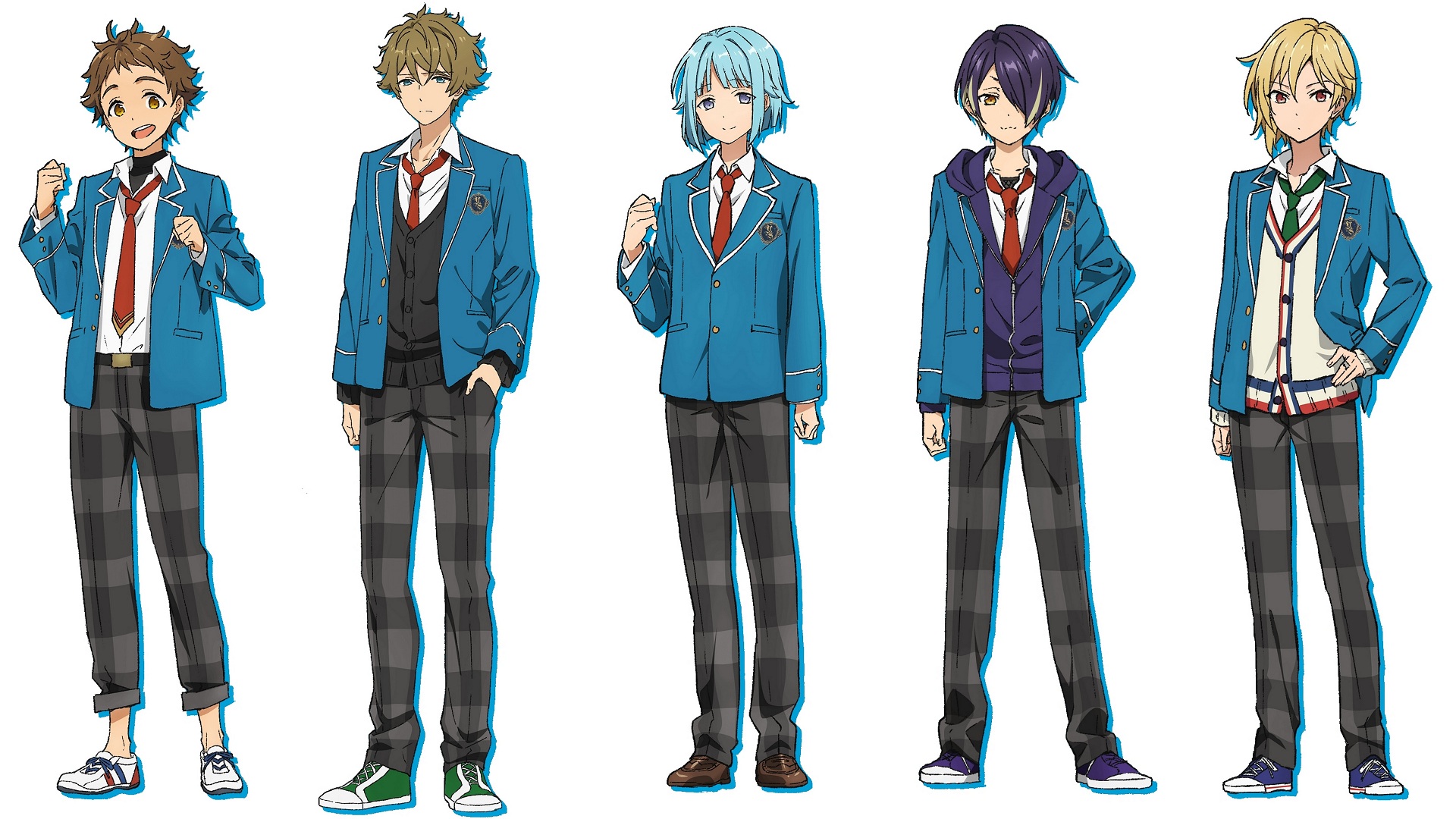 Five male anime characters in school uniforms HD Wallpaper