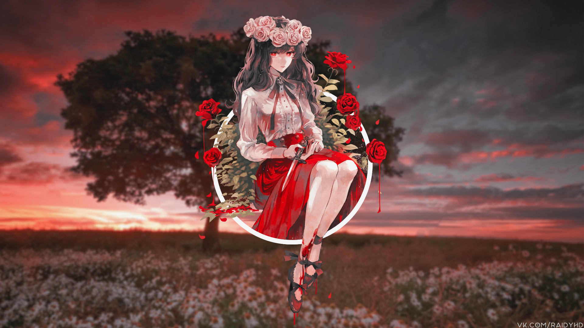 Girl with Black Hair and Roses HD Wallpaper