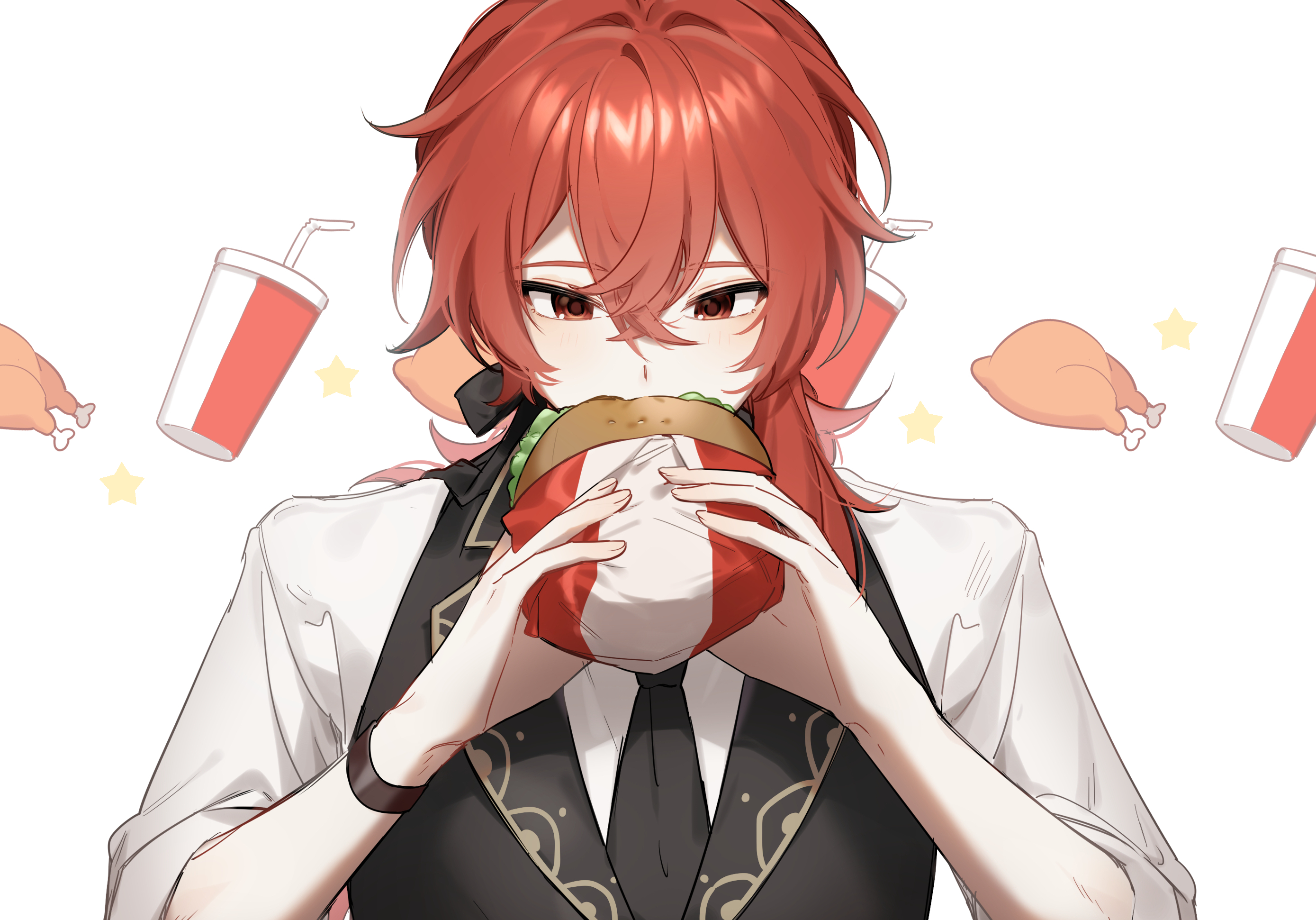 Diluc from Genshin Impact eating a burger HD Wallpaper