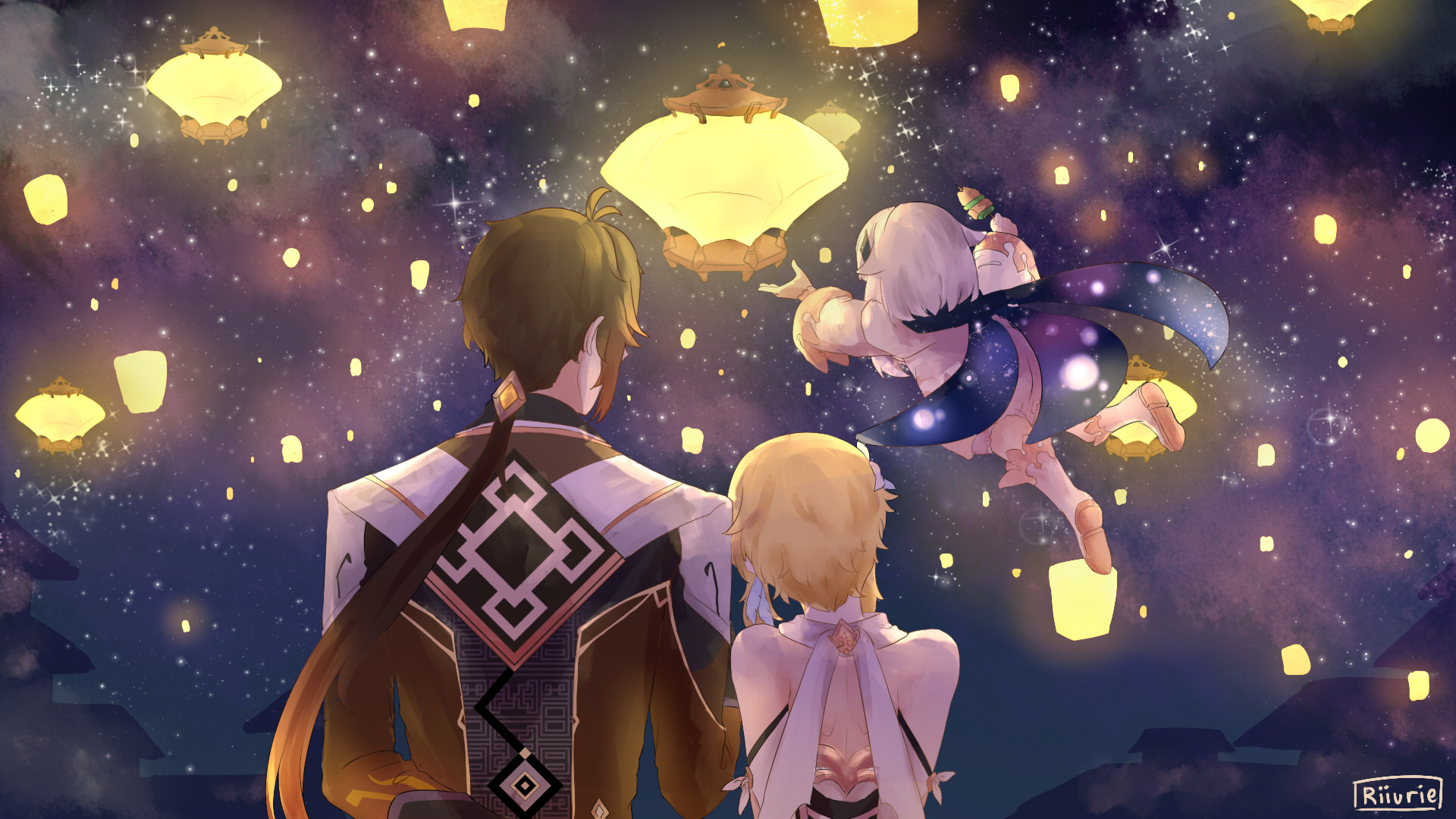 Zhongli, Lumine, and Paimon from Genshin Impact watching lanterns HD Wallpaper