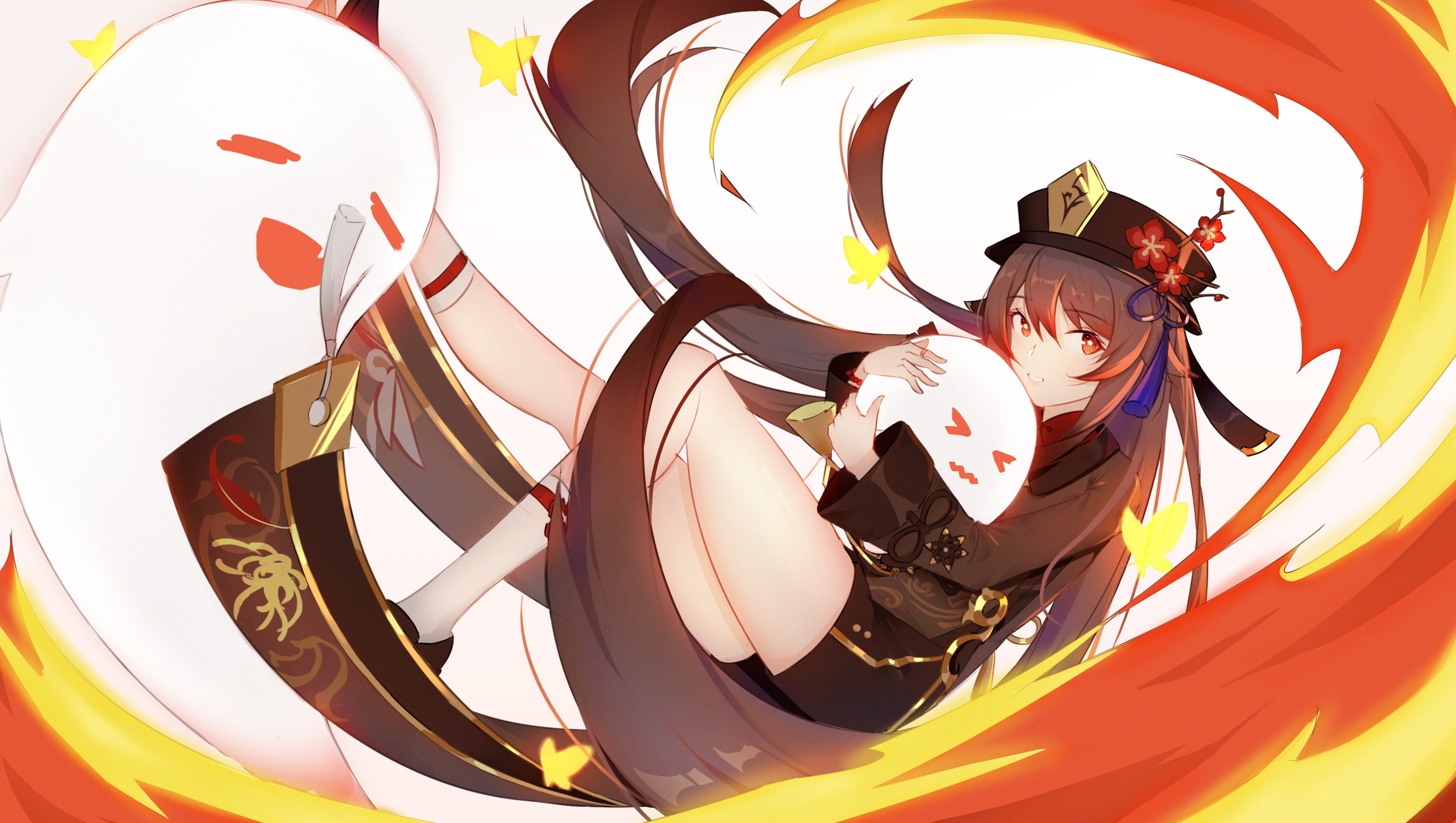 Hu Tao from Genshin Impact with ghosts and fire HD Wallpaper