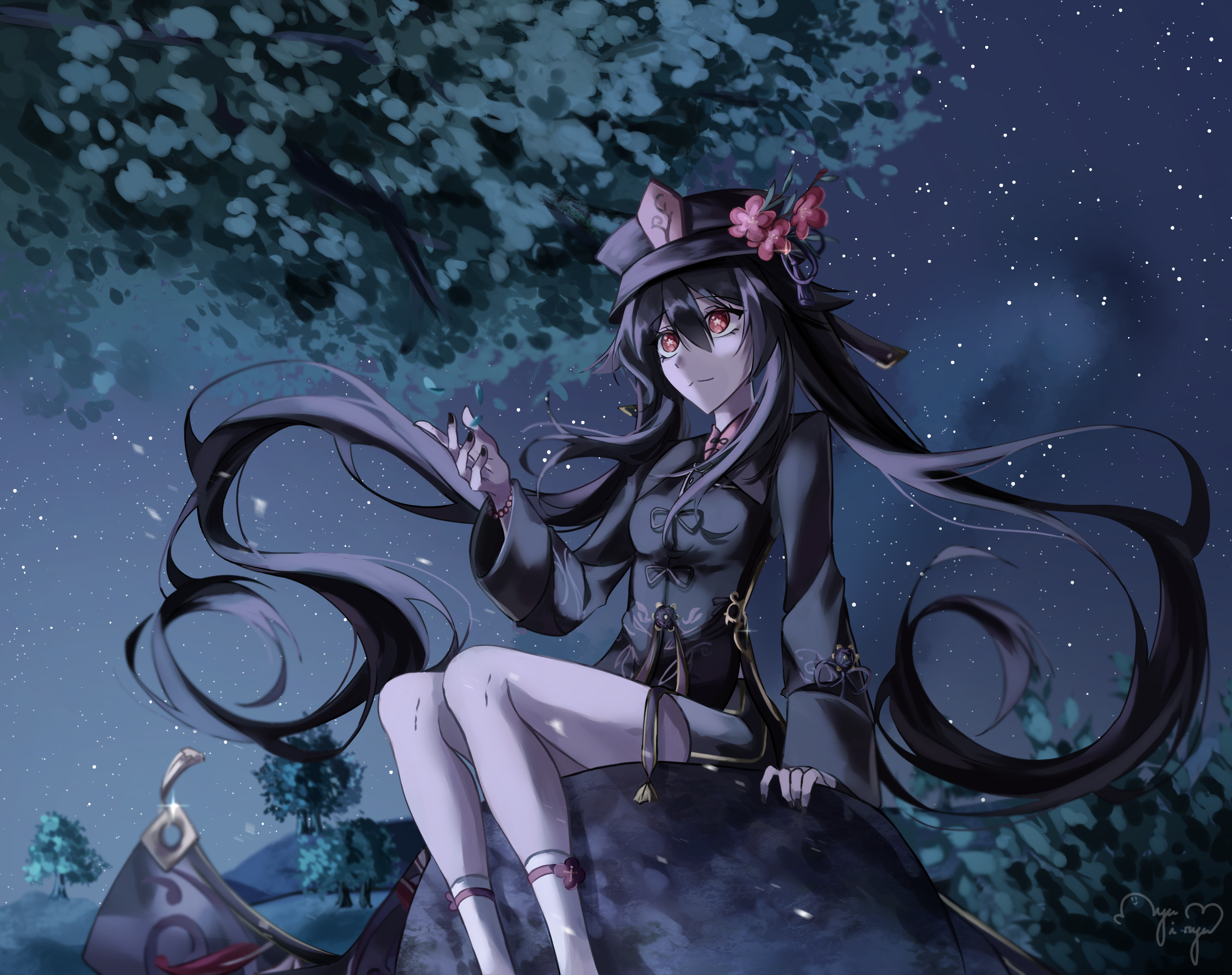 Hu Tao from Genshin Impact at night HD Wallpaper