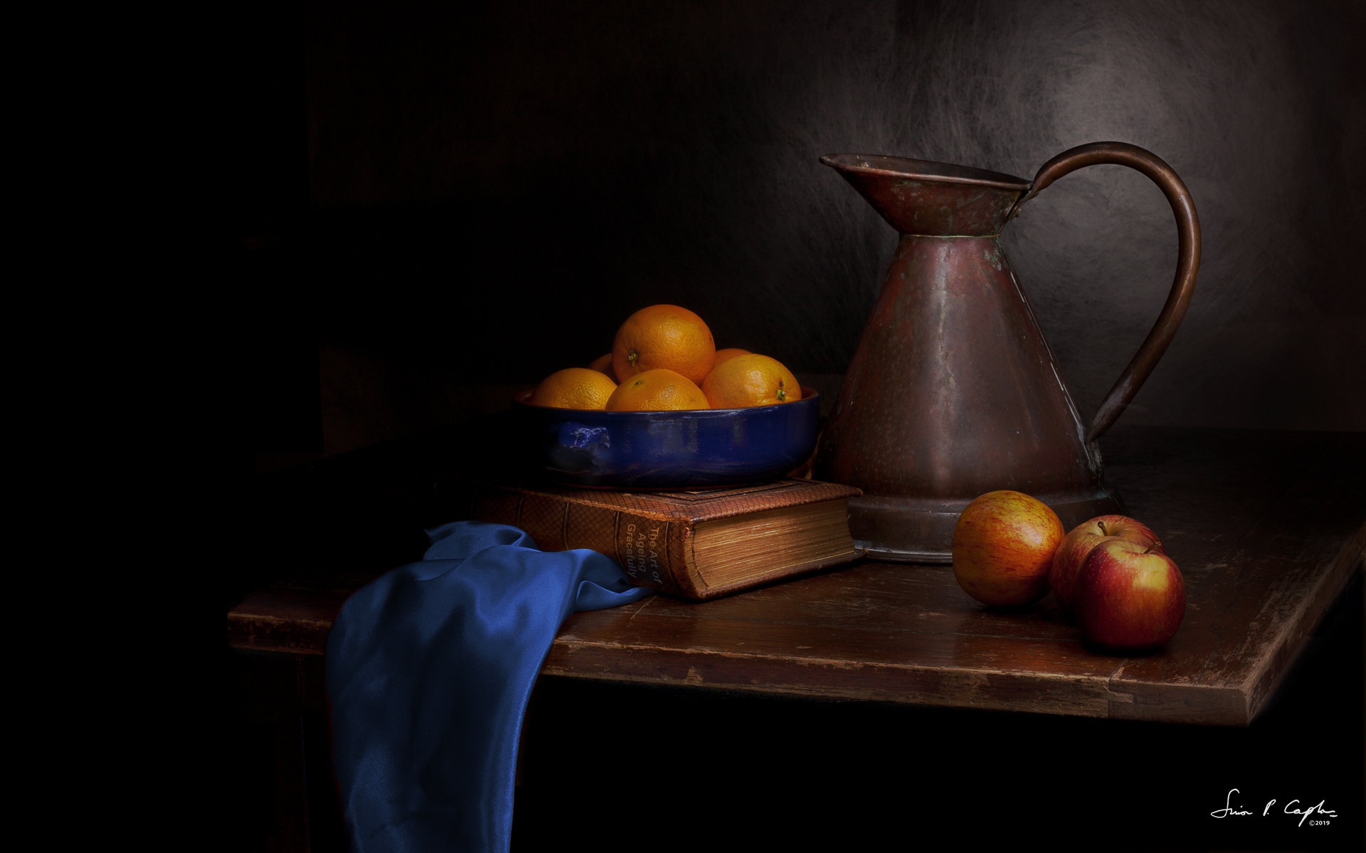 Still life with fruit, pitcher, and book HD Wallpaper