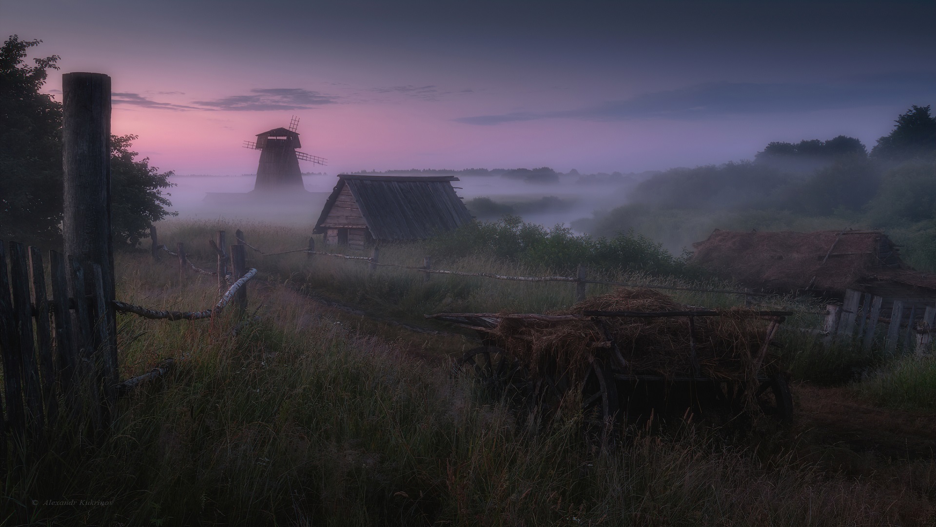 Rural landscape with windmill and fog at dawn HD Wallpaper