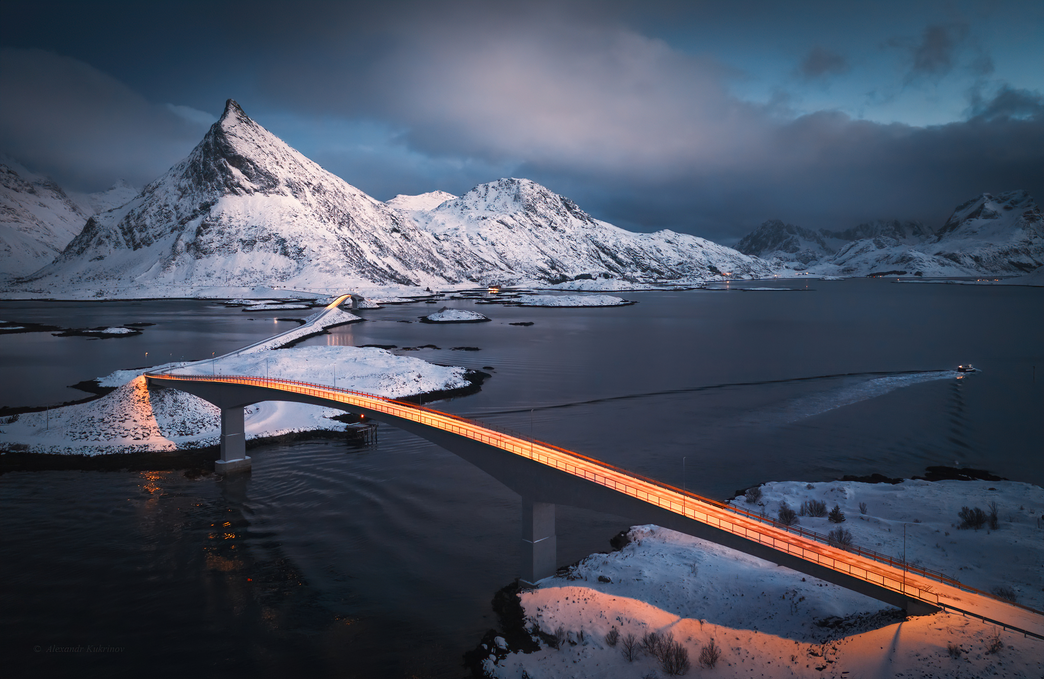 Snowy Mountains and Bridge at Dusk HD Wallpaper