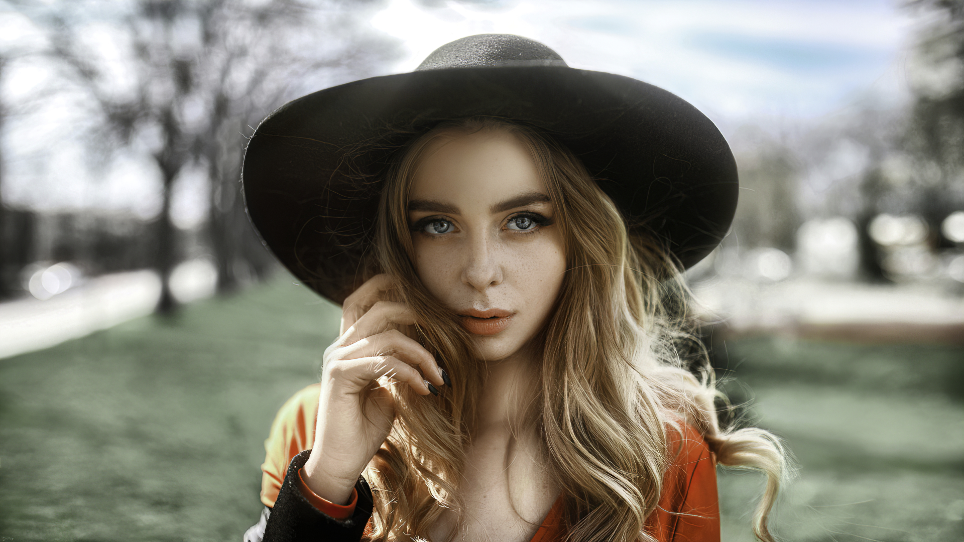 Woman with a hat and red dress in a park HD Wallpaper