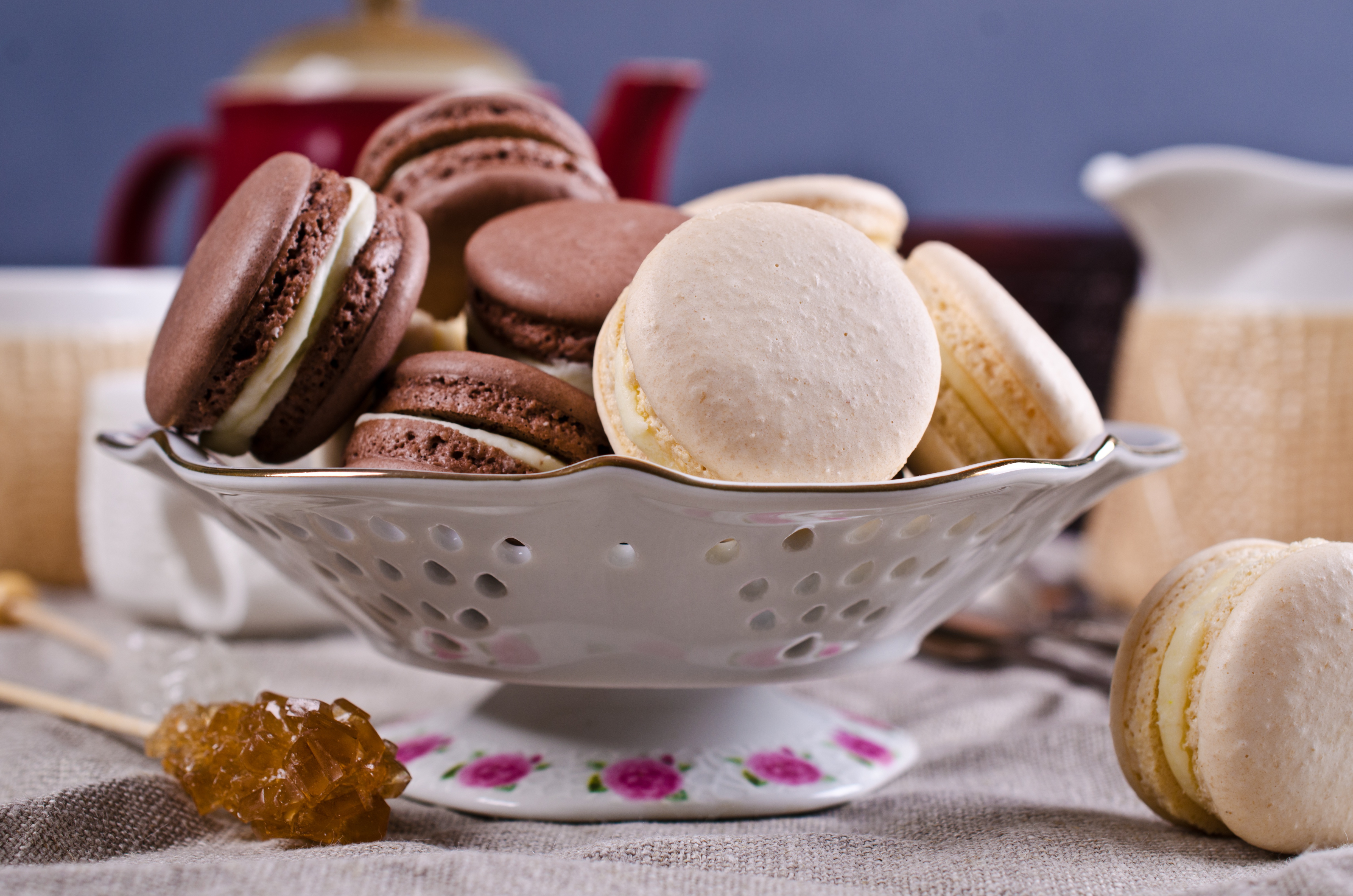 Still life with chocolate and vanilla macarons HD Wallpaper