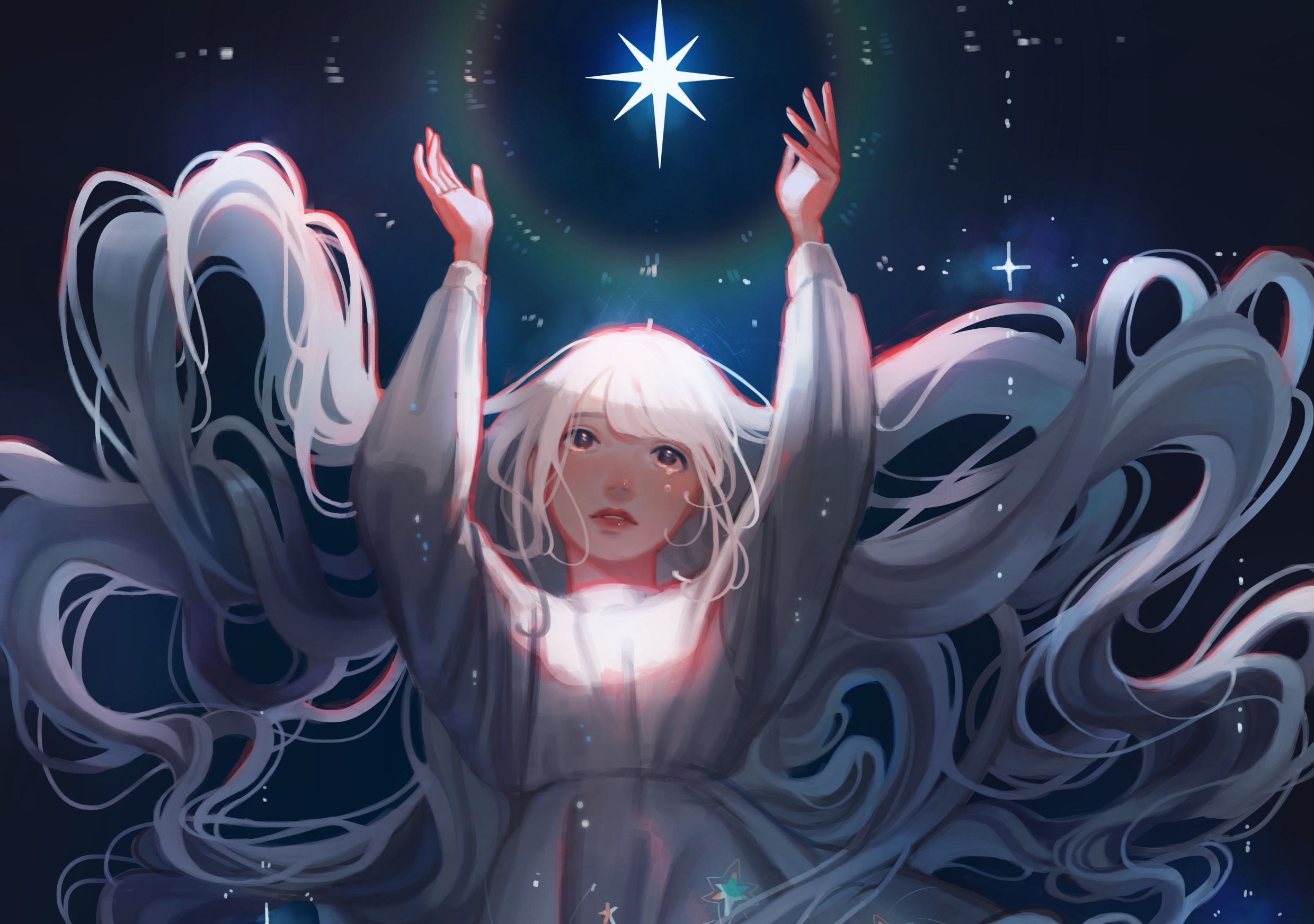 Woman with long white hair reaching for a star HD Wallpaper