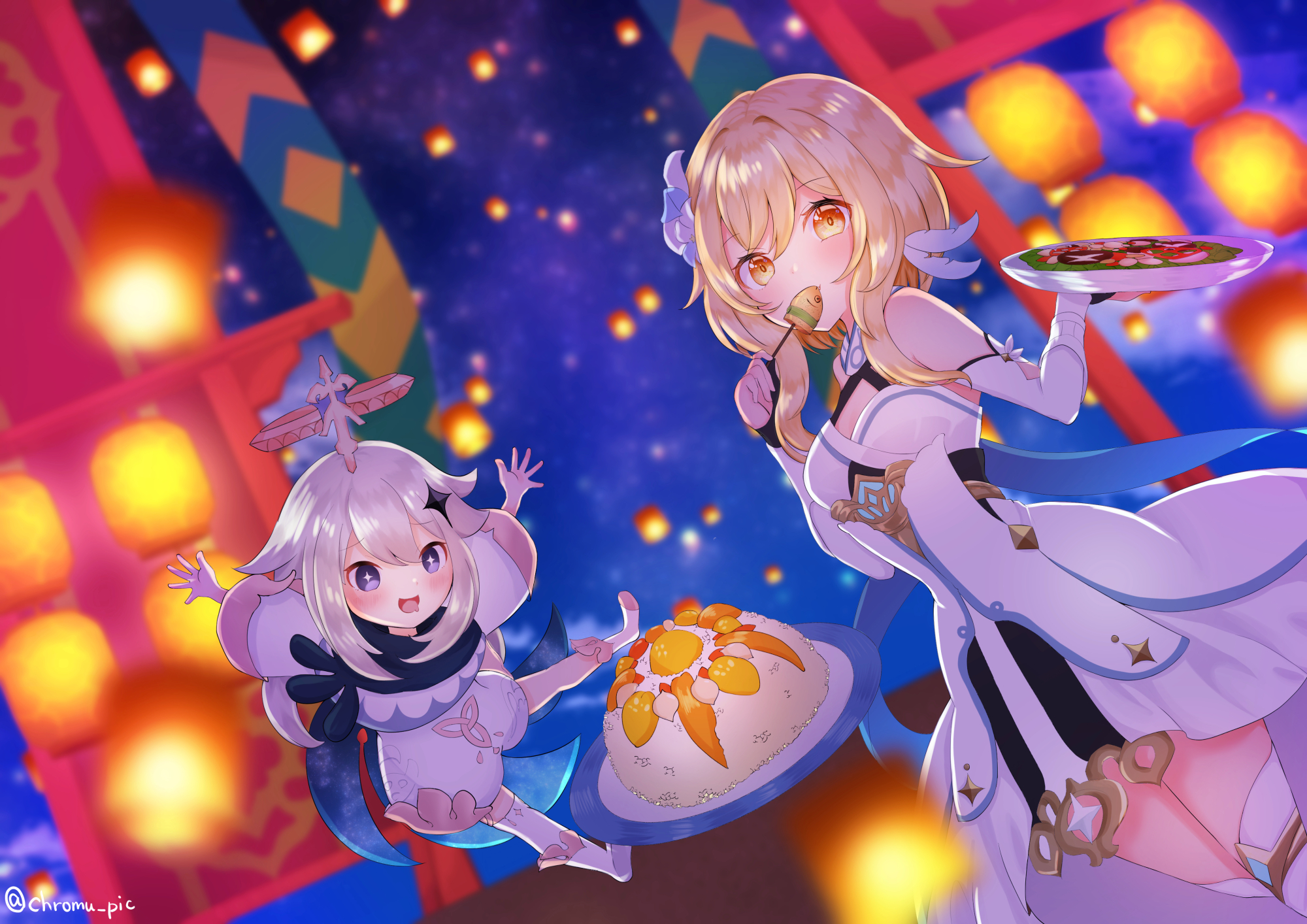 Lumine and Paimon from Genshin Impact with food HD Wallpaper