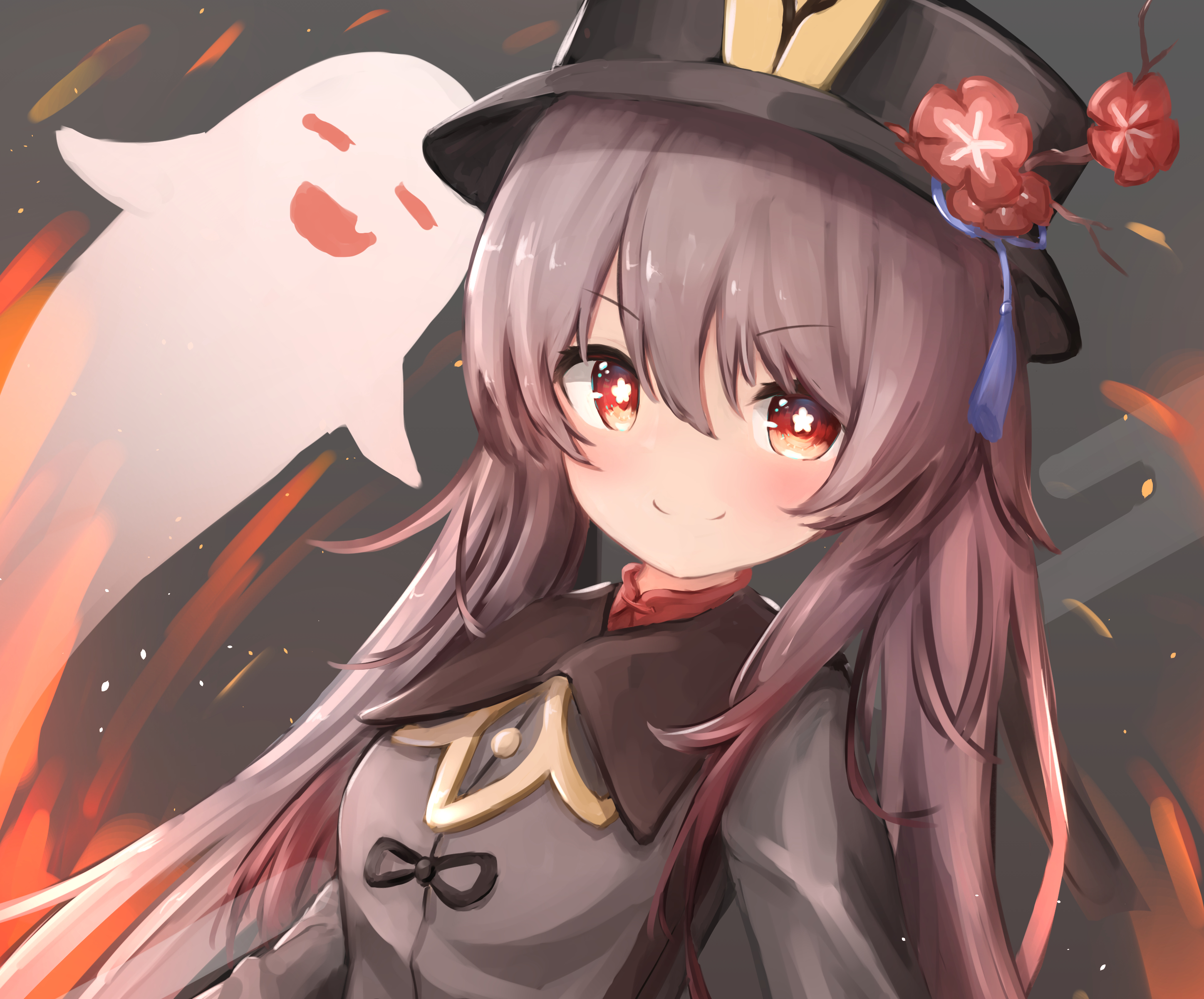 Hu Tao from Genshin Impact with a ghost HD Wallpaper