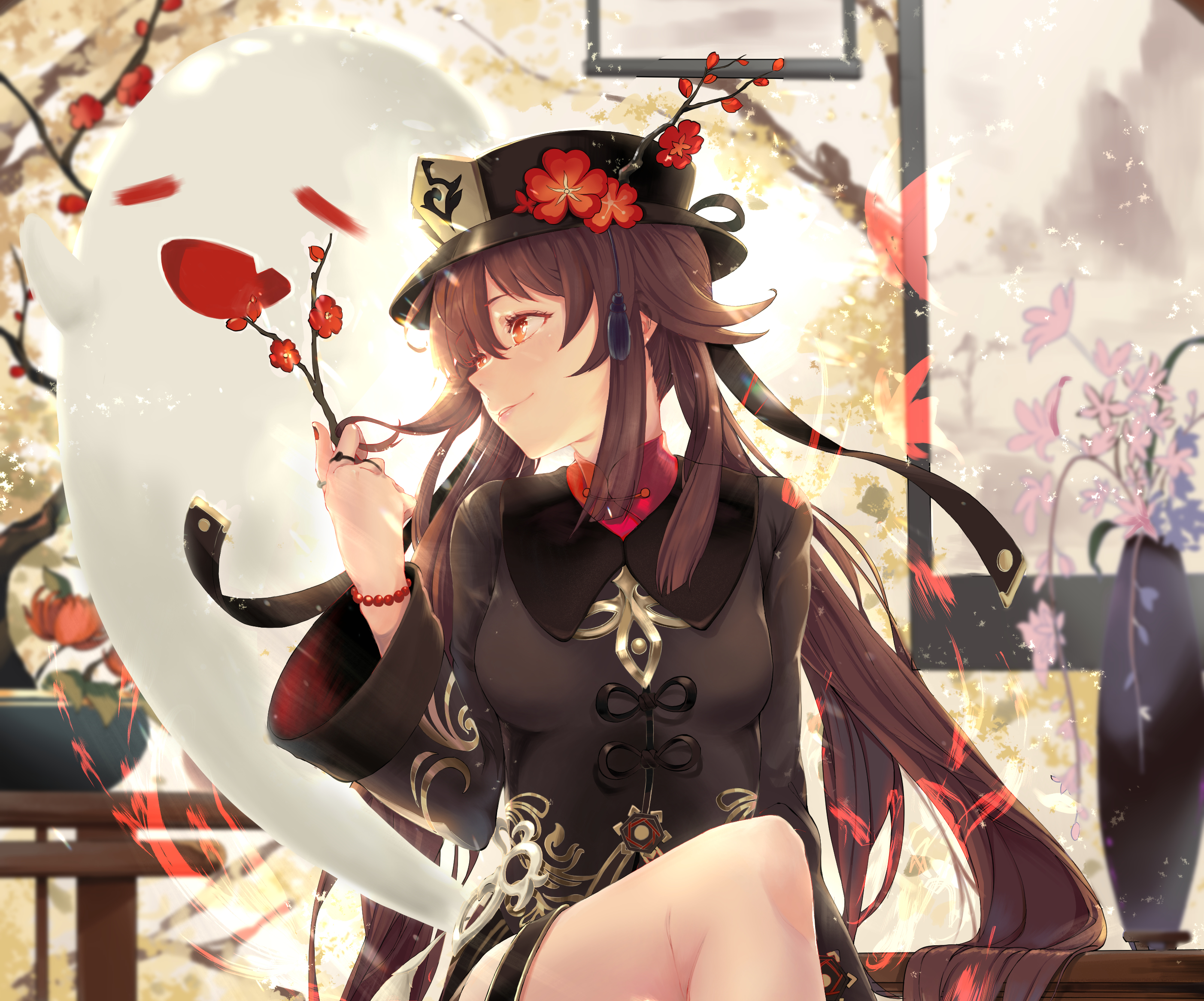 Hu Tao from Genshin Impact with a ghost HD Wallpaper