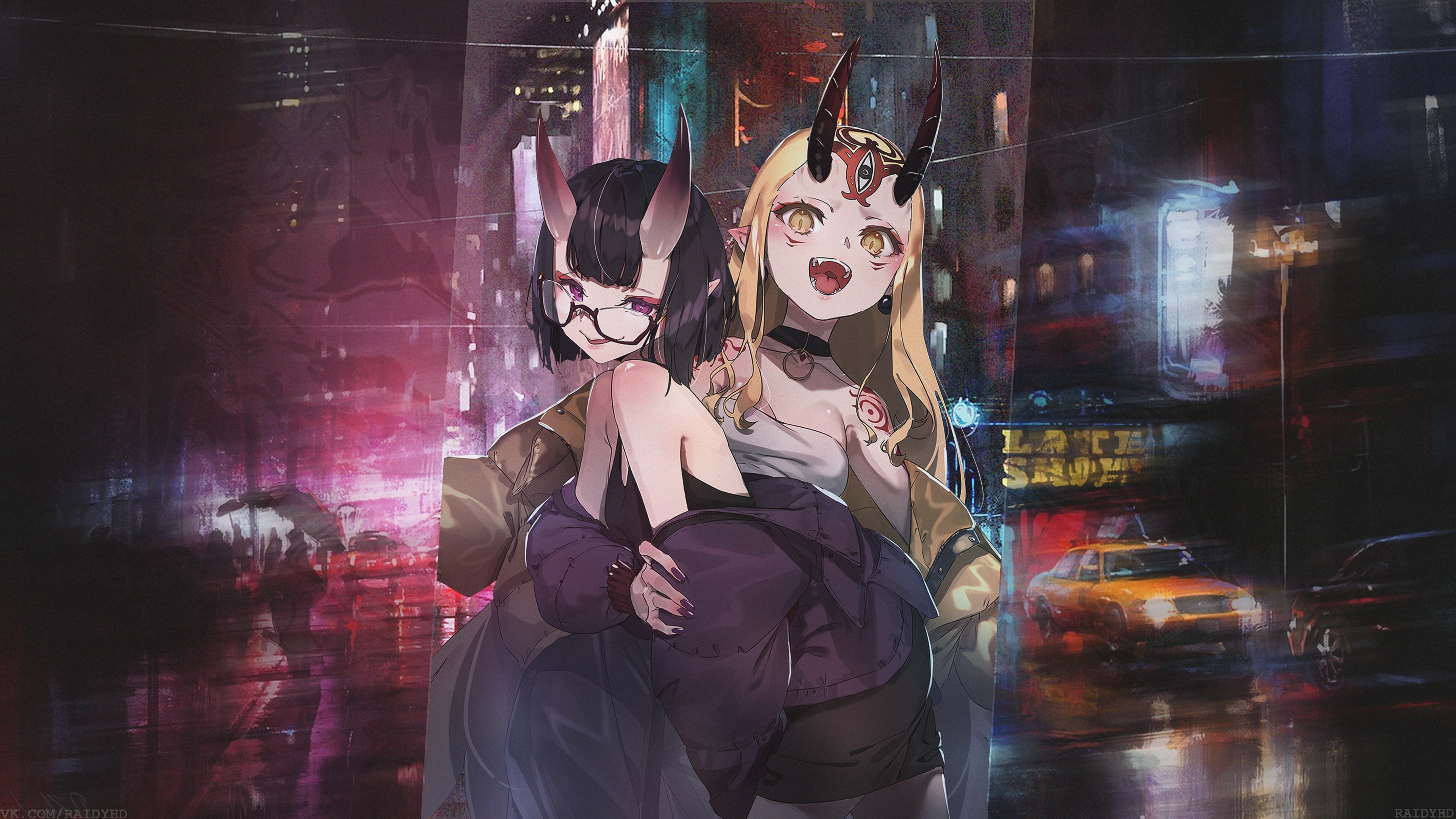 Shuten Dōji and Ibaraki Dōji in a city at night HD Wallpaper