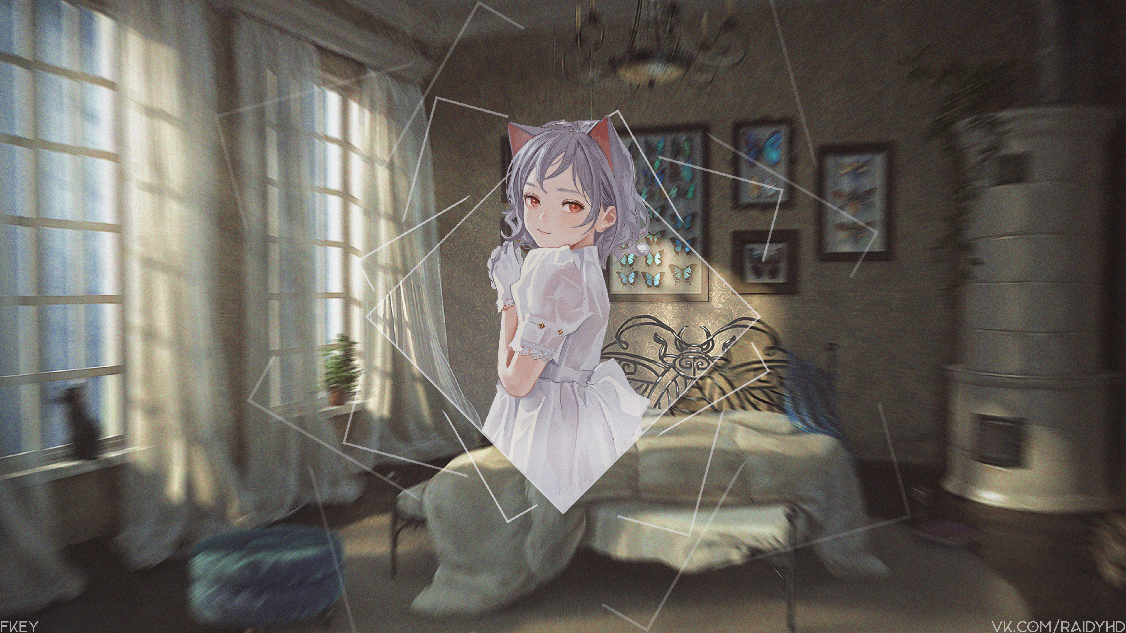 Girl with Animal Ears in White Dress in Bedroom 4K HD Wallpaper