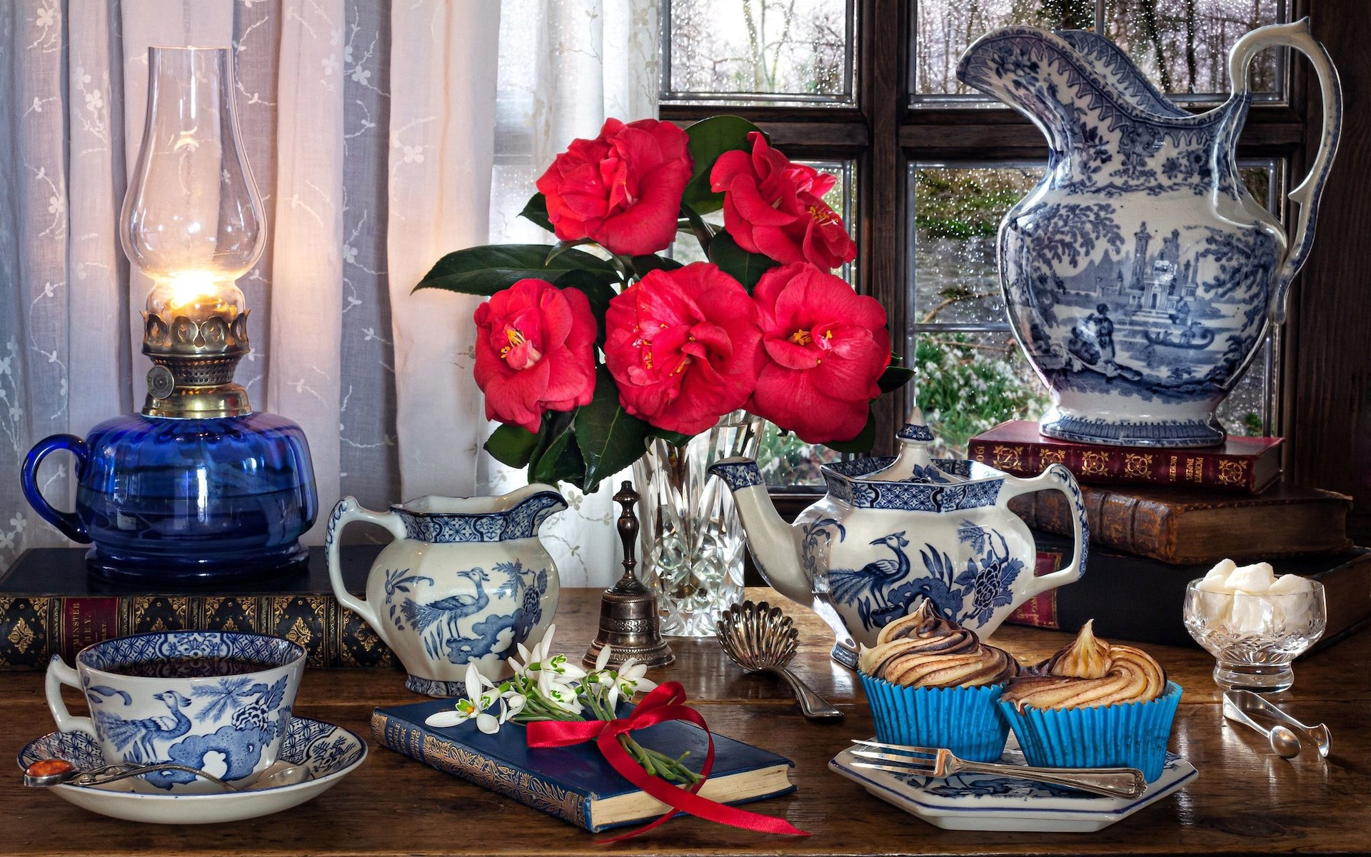 Still life with tea set and flowers HD Wallpaper