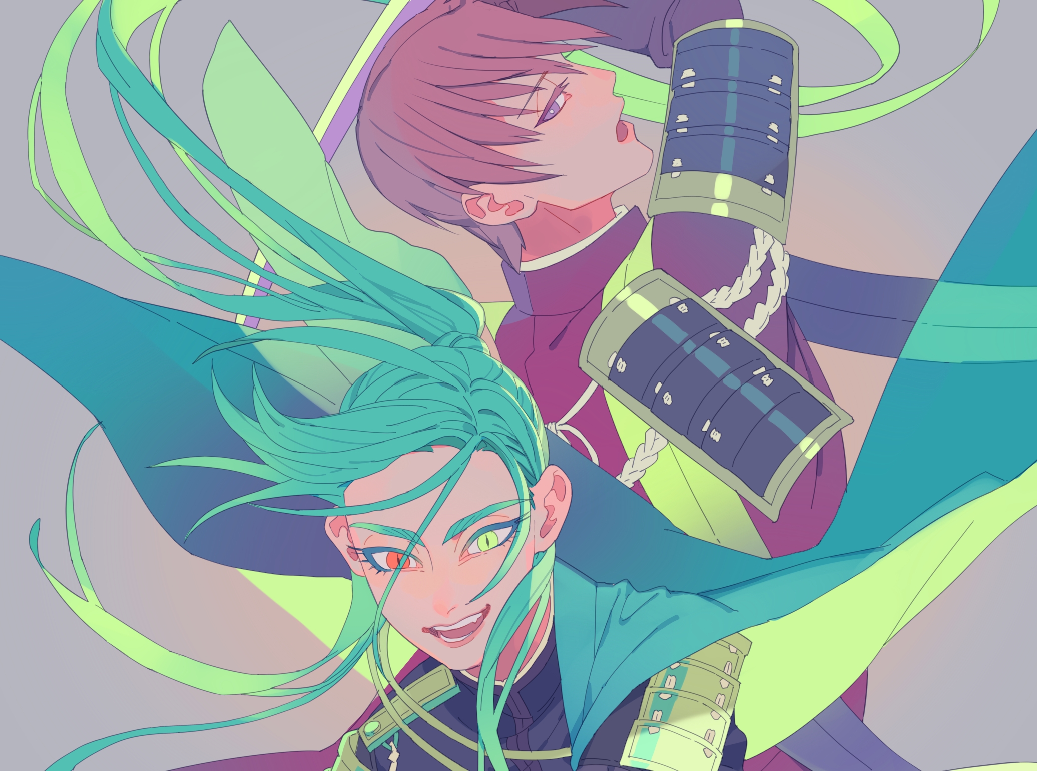 Two male warriors with colorful hair and armor HD Wallpaper