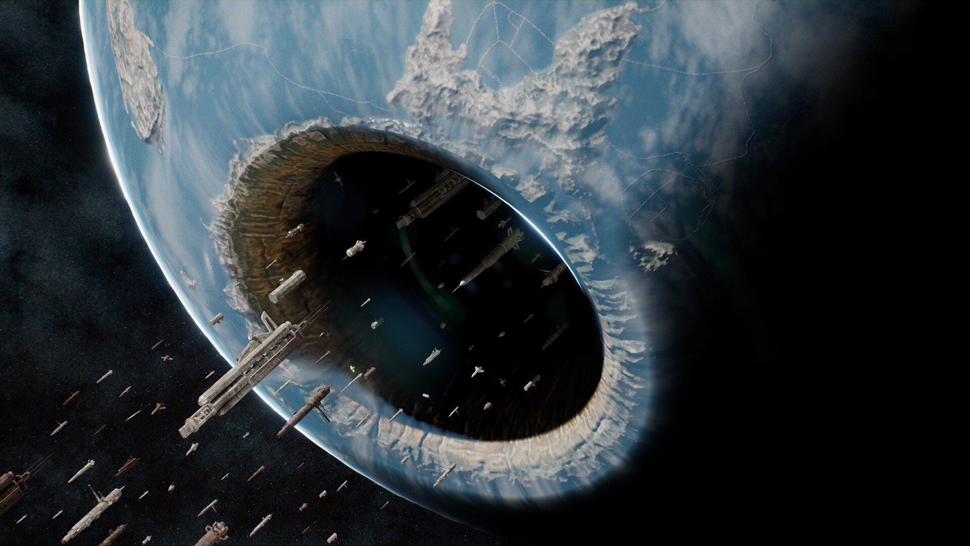 Space battle around a planet with a large hole HD Wallpaper