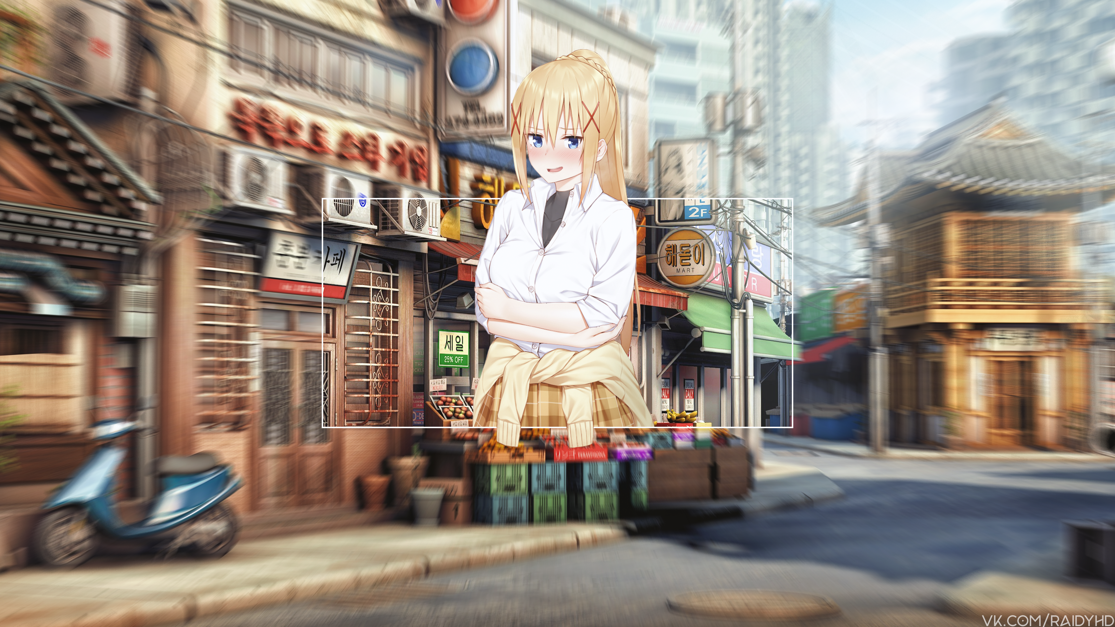Darkness from KonoSuba in a Korean street HD Wallpaper
