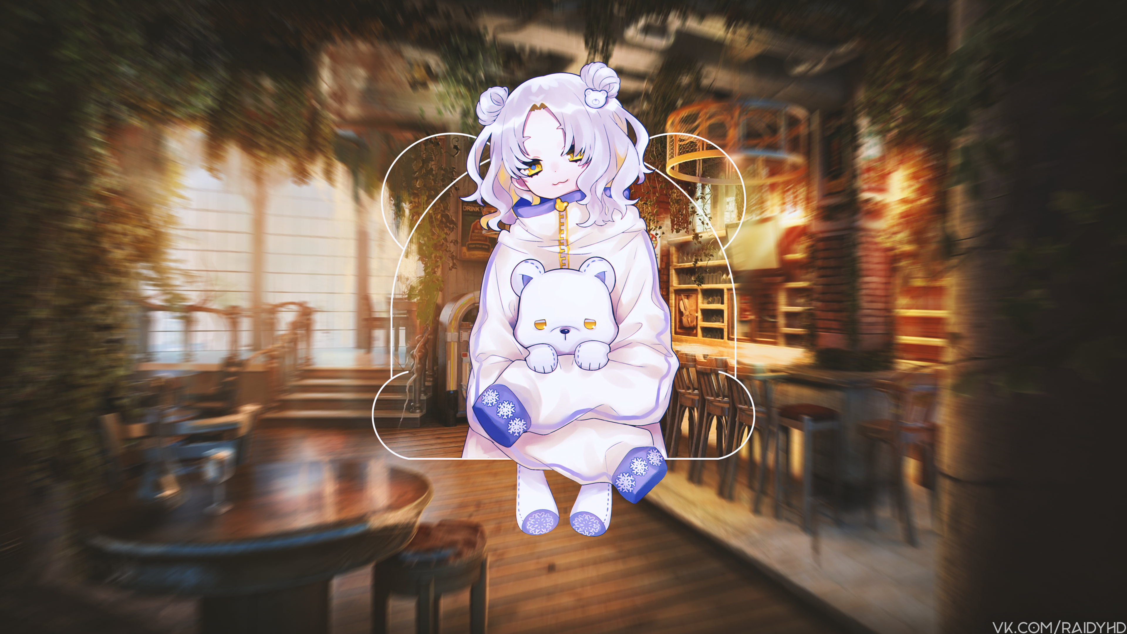 Girl with white hair holding a teddy bear HD Wallpaper