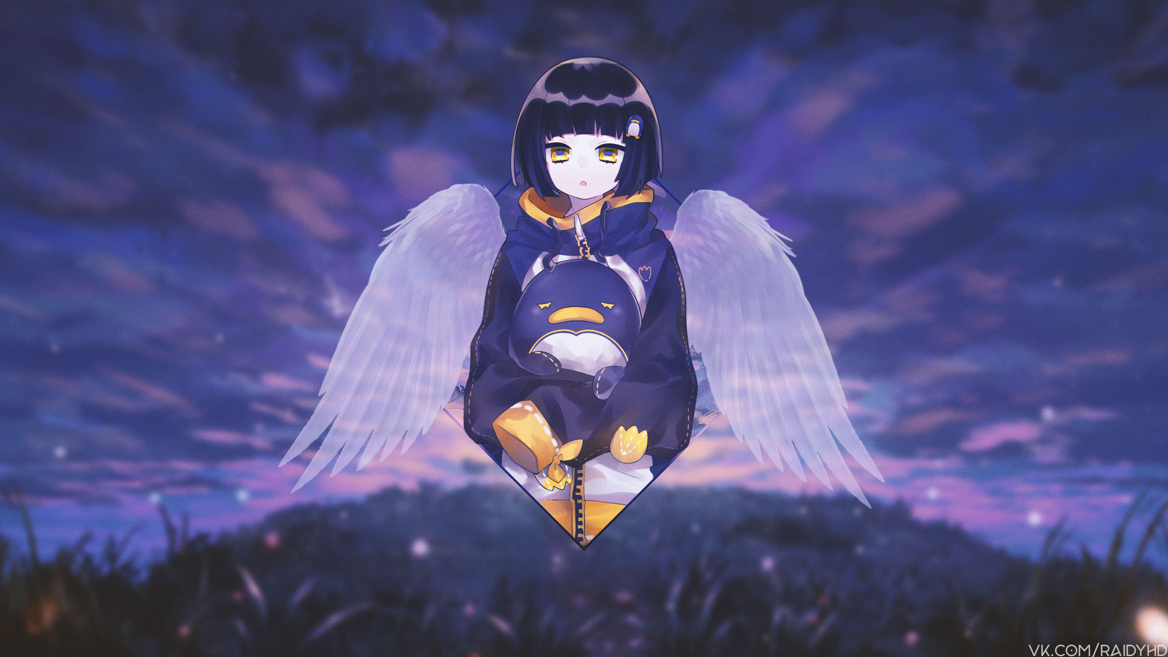 Girl with Angel Wings holding a Penguin Plush HD Wallpaper