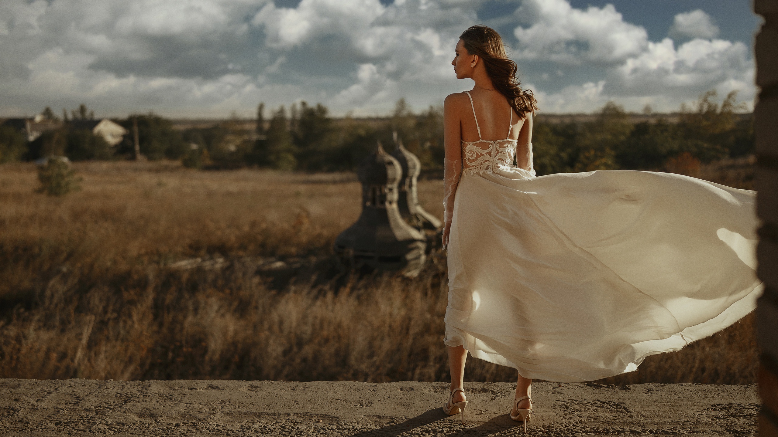 Woman in a wedding dress in a field HD Wallpaper