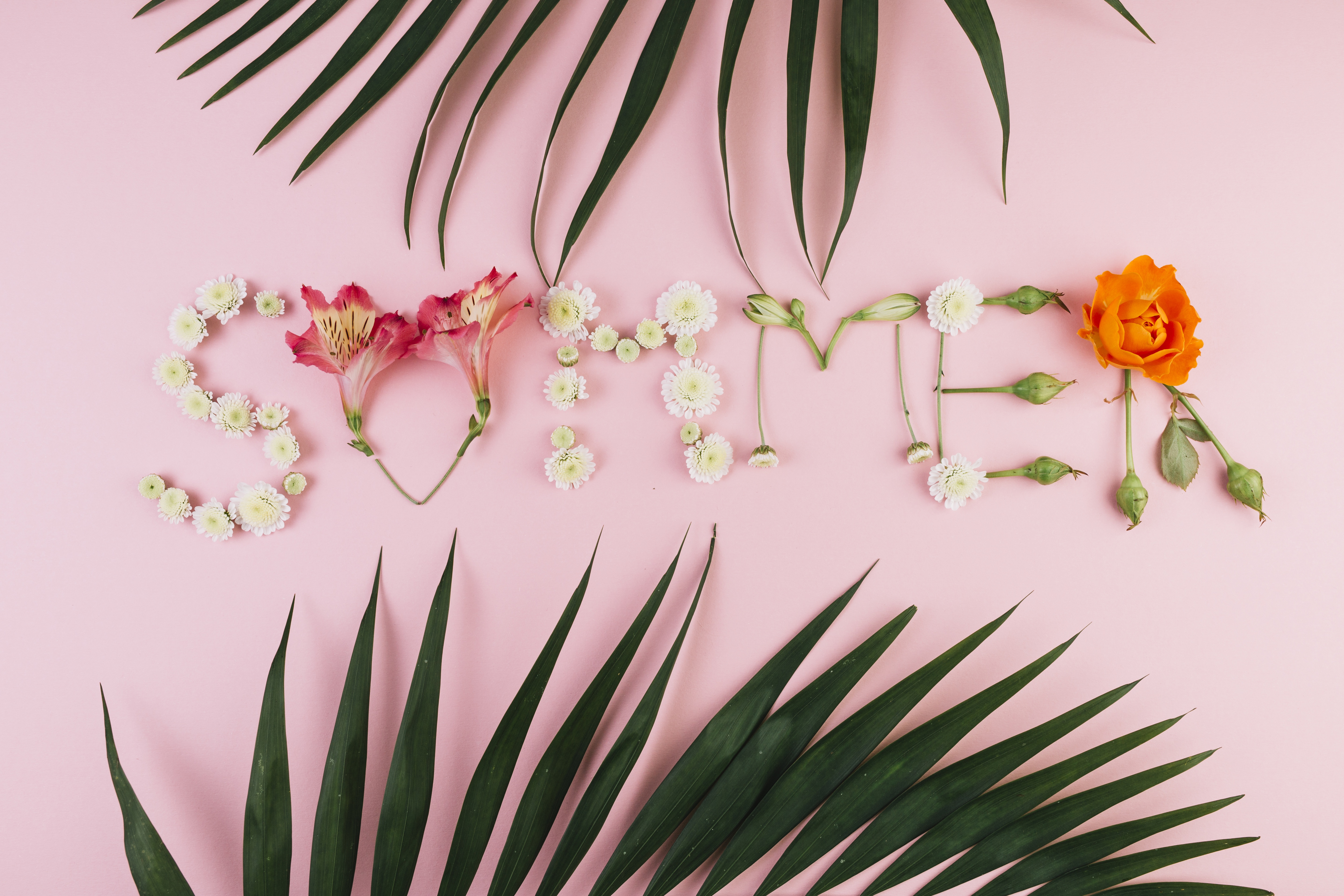 Summer word made of flowers and leaves HD Wallpaper