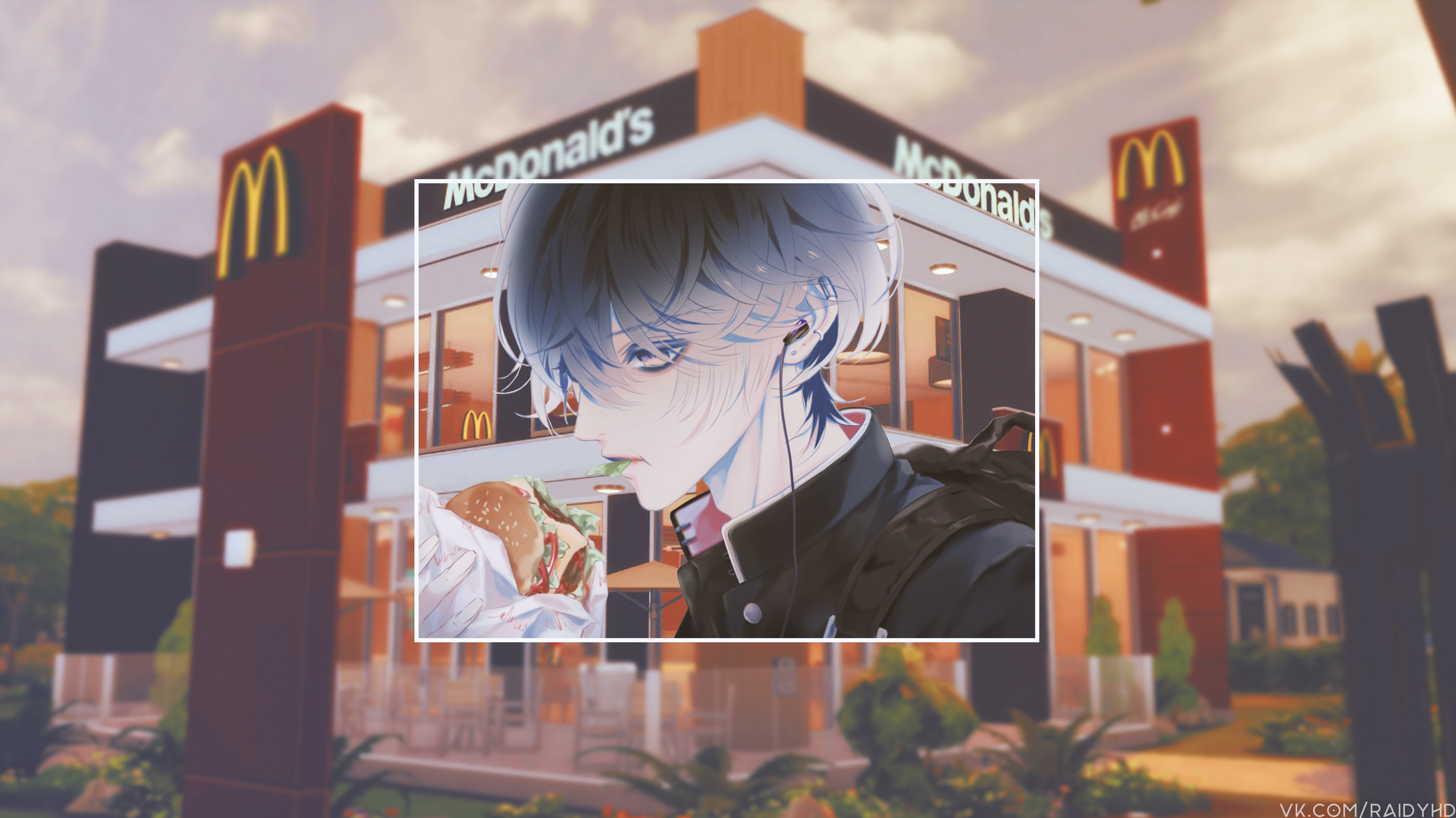 Anime Boy Eating Burger at McDonald's 4K HD Wallpaper