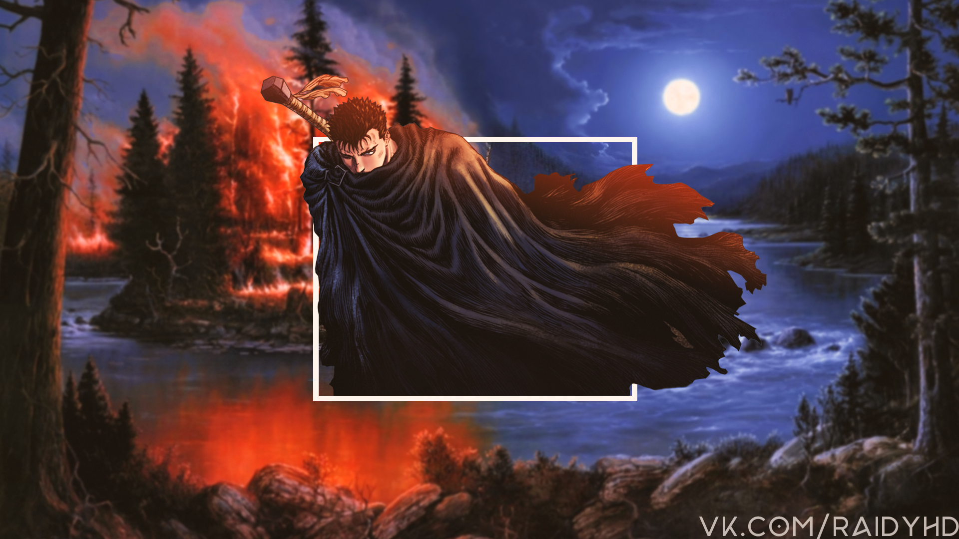 Guts from Berserk with a sword in a burning forest HD Wallpaper