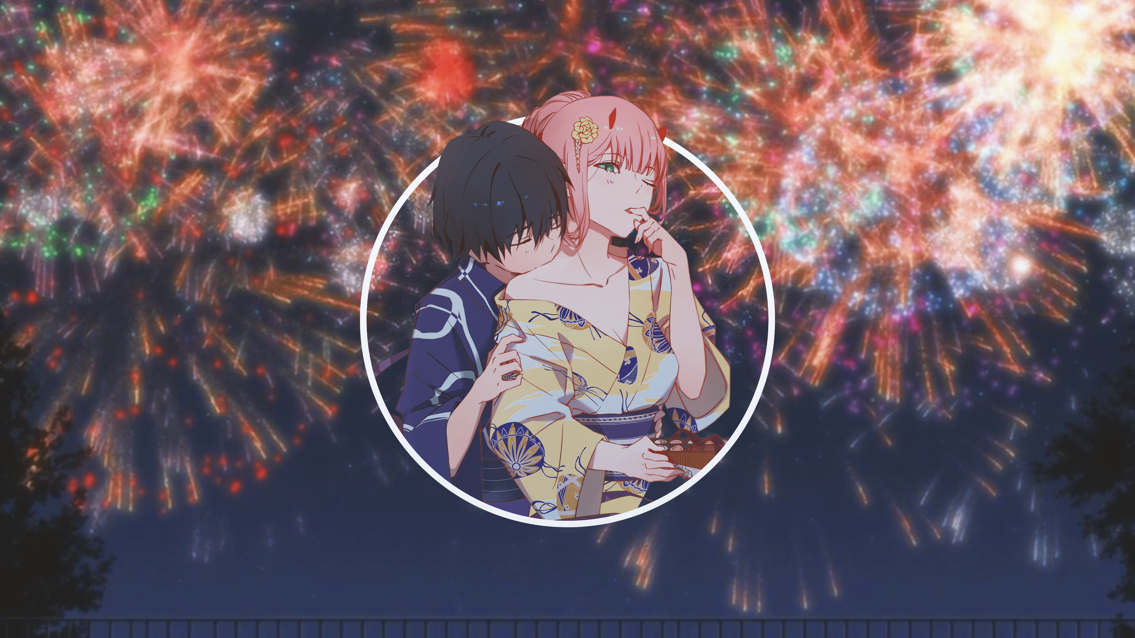 Zero Two and Hiro from Darling in the FranXX with fireworks HD Wallpaper