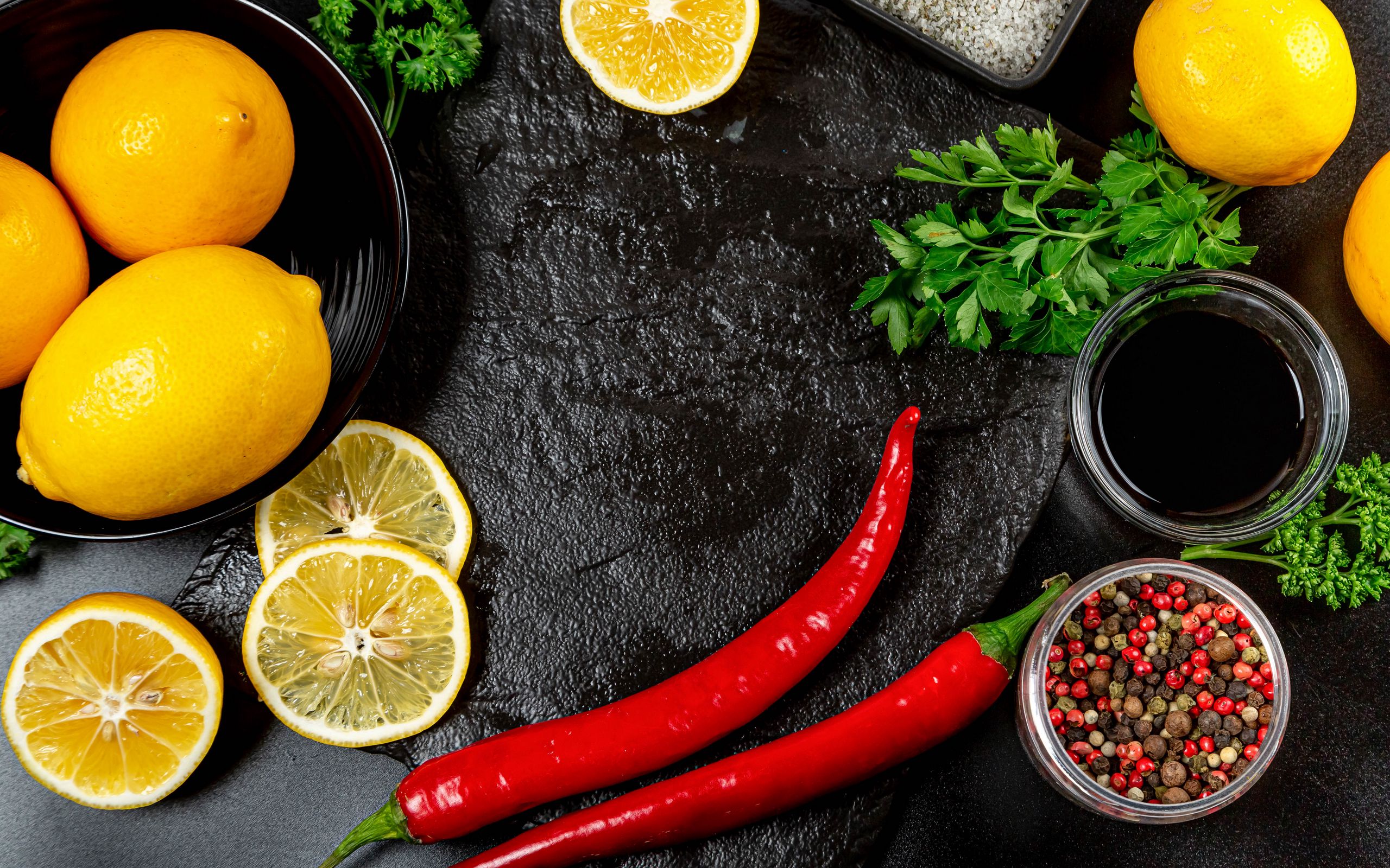 Still Life with Lemons, Chili Peppers, and Spices HD Wallpaper