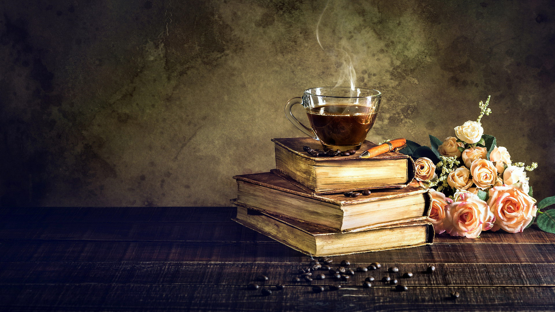 Still life photography with coffee and roses HD Wallpaper