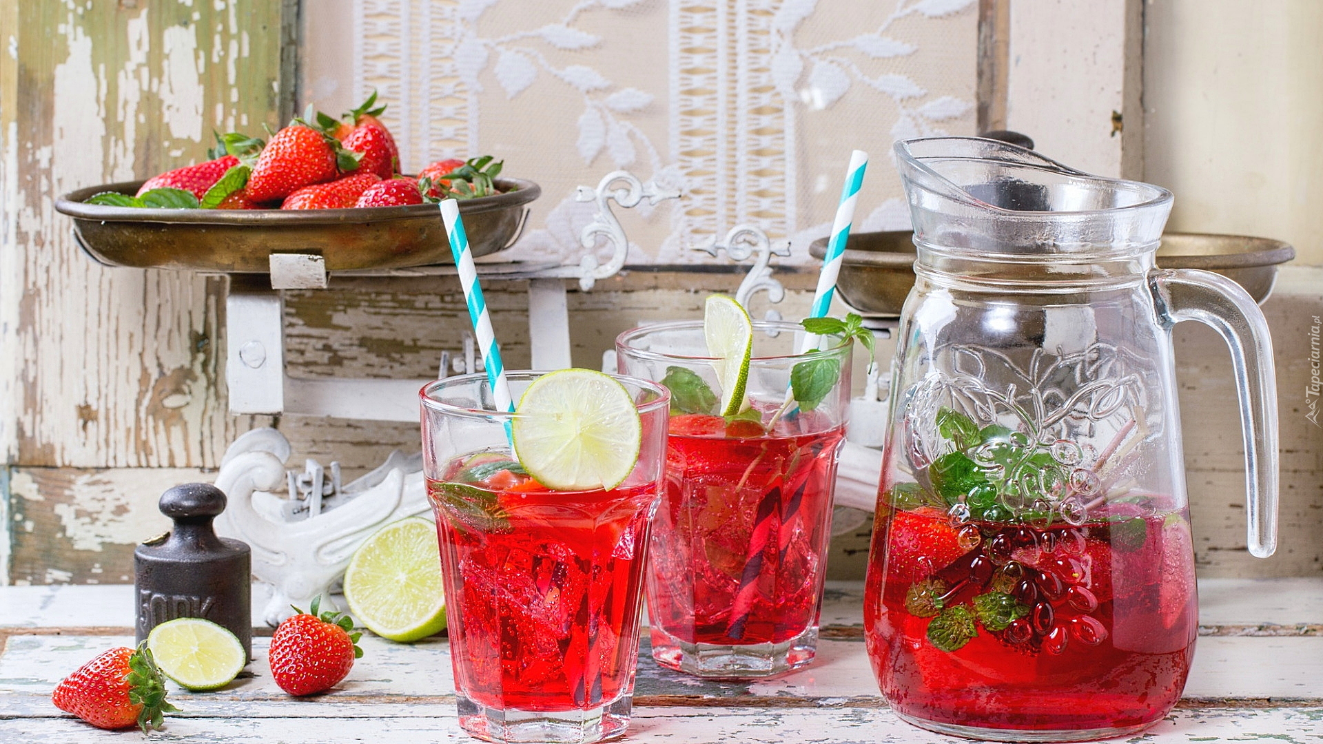 Strawberry and Lime Drink in Pitcher and Glasses HD Wallpaper