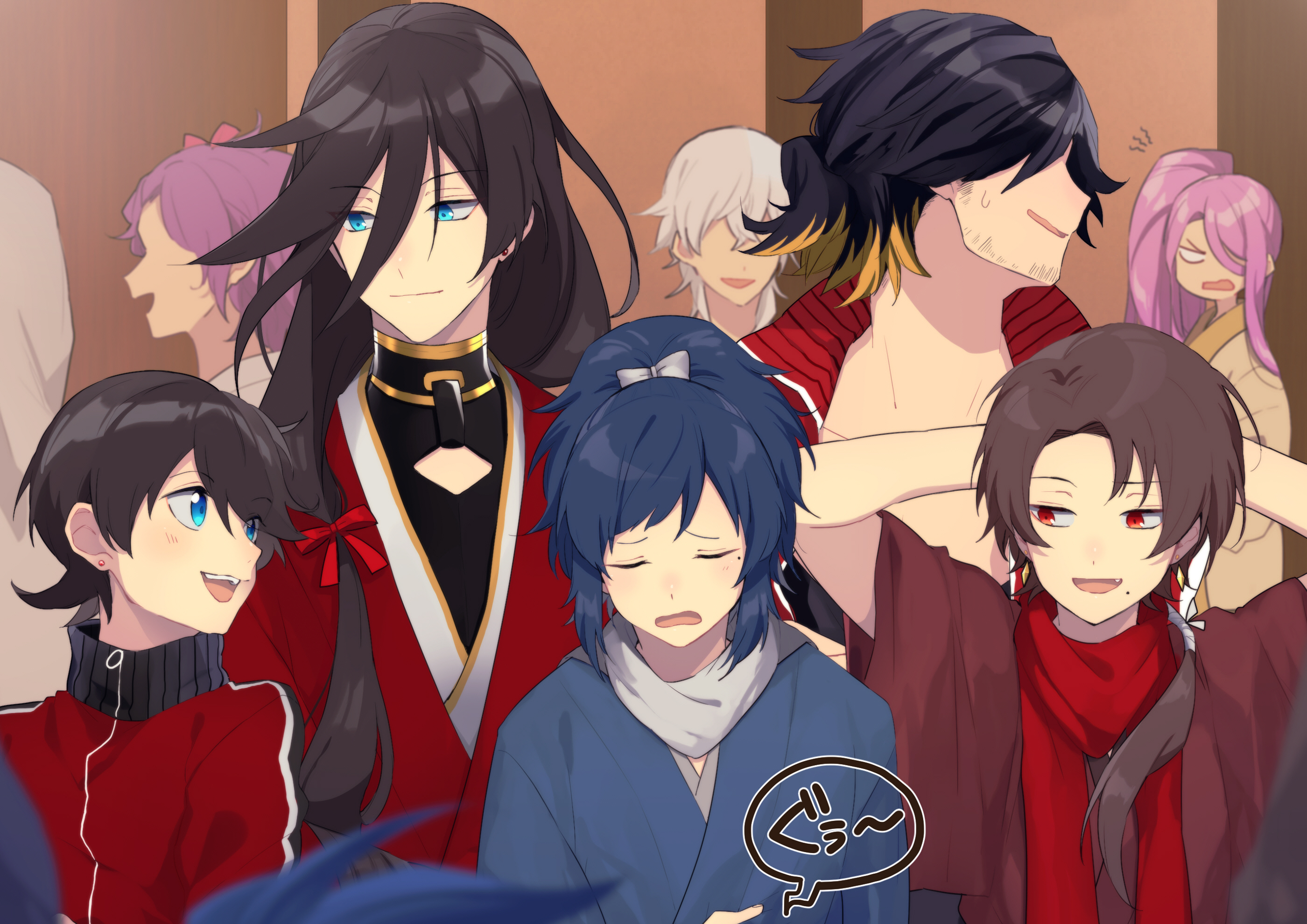 Touken Ranbu characters in a crowded indoor scene HD Wallpaper