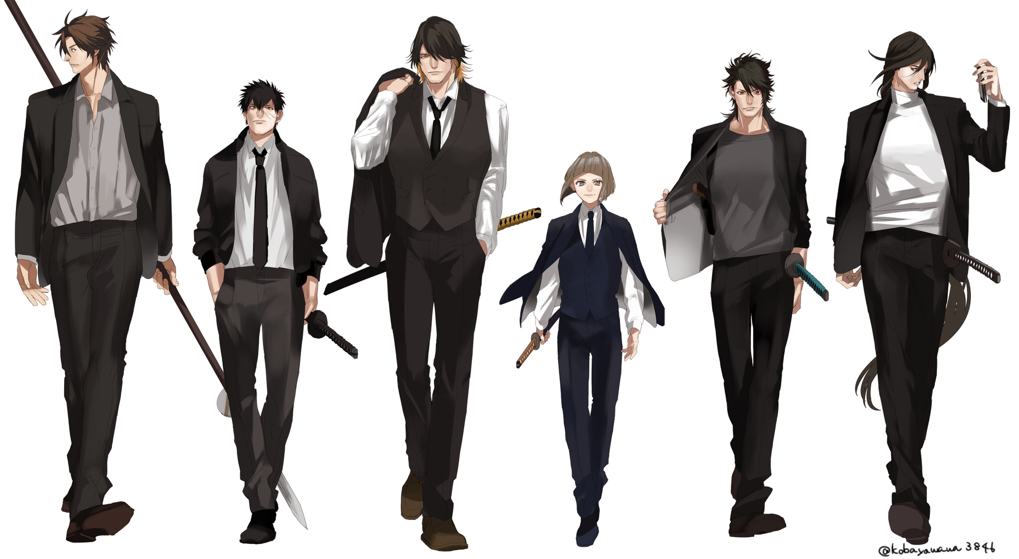 Touken Ranbu characters in suits with swords HD Wallpaper