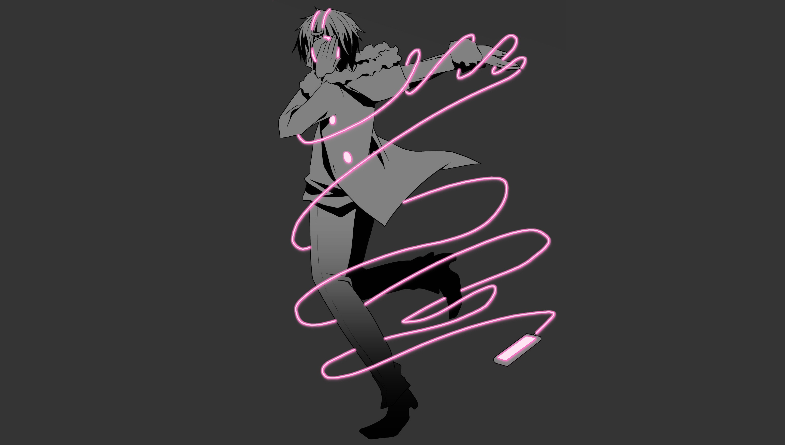 Izaya Orihara with pink glowing headphones and phone HD Wallpaper