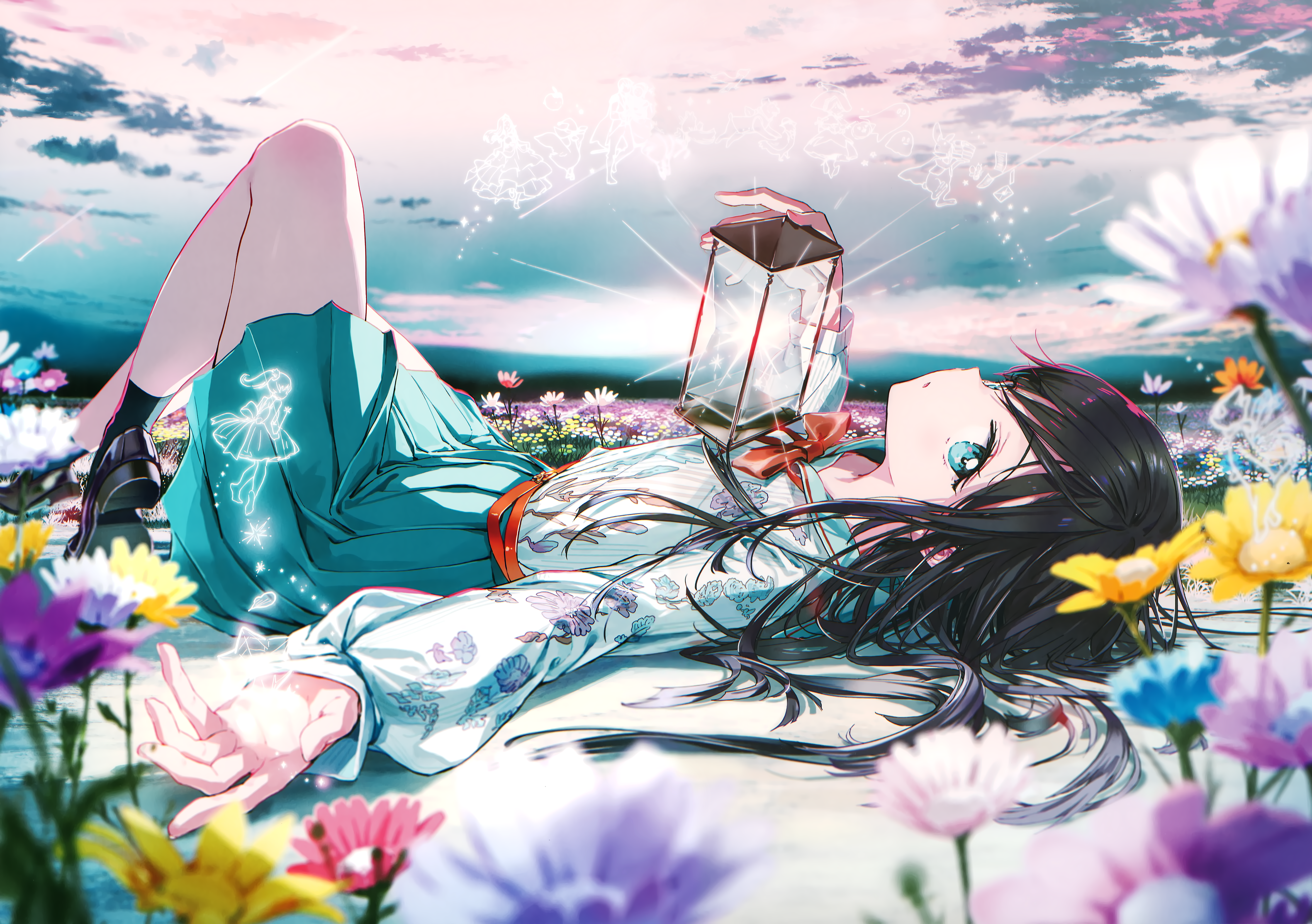 Girl in Flower Field Holding Lantern with Blue Eyes and Black Hair 4K HD Wallpaper