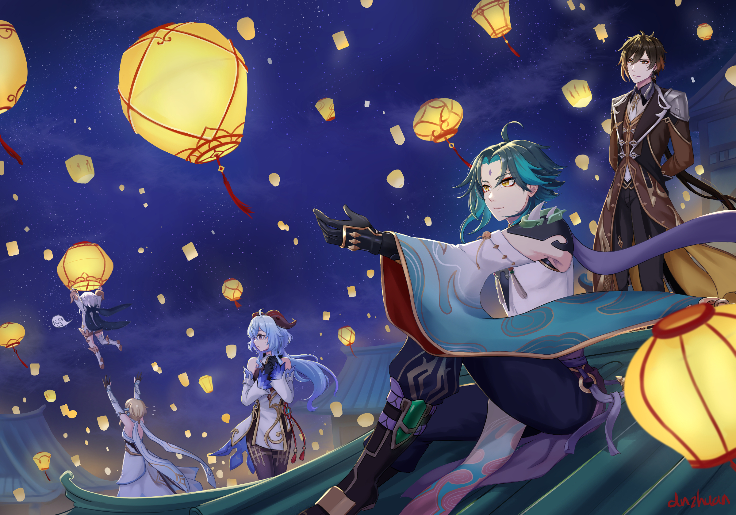 Xiao, Zhongli, Lumine, Paimon, and Ganyu from Genshin Impact HD Wallpaper