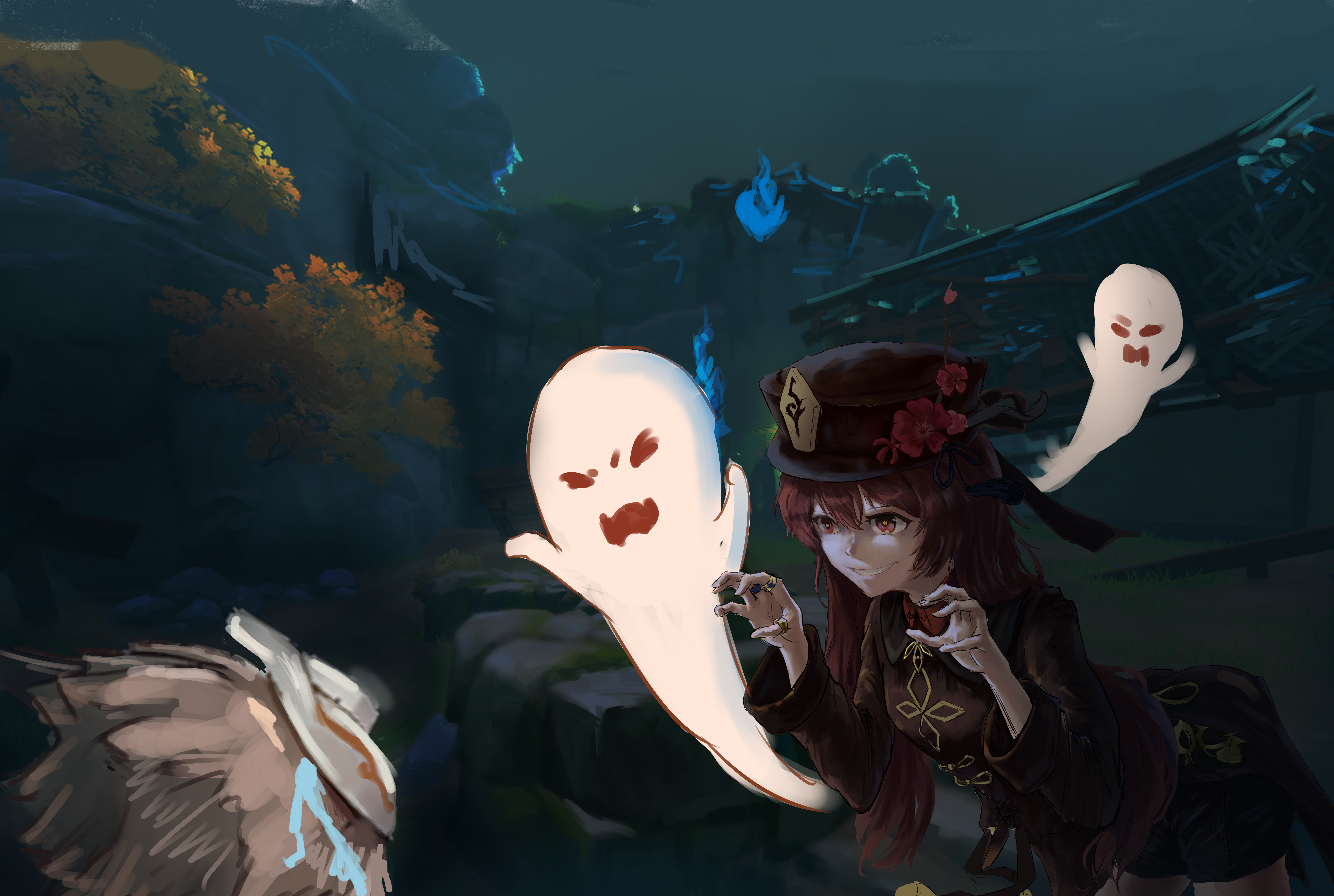 Hu Tao from Genshin Impact with ghosts HD Wallpaper
