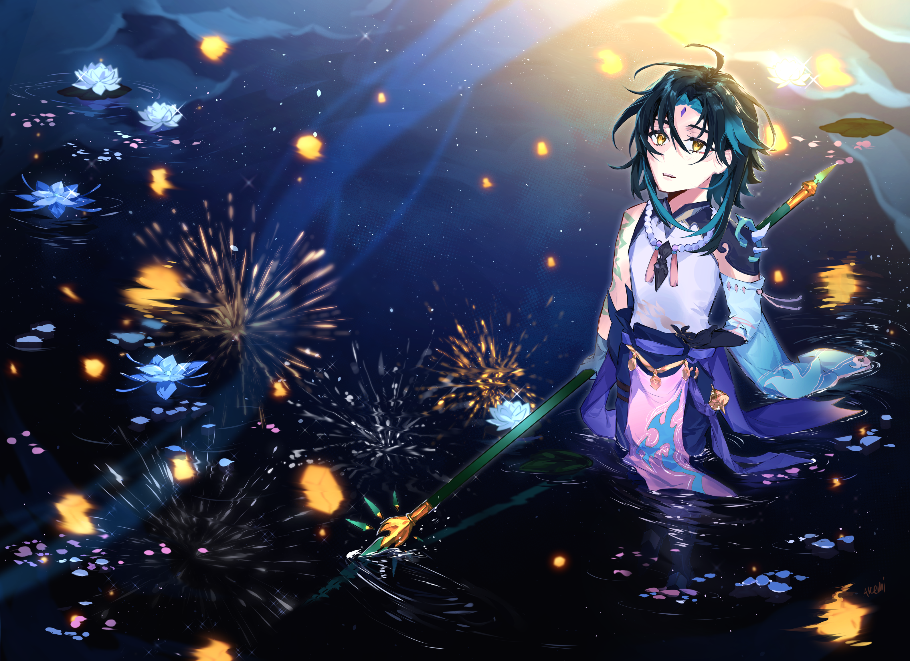 Xiao from Genshin Impact in water with fireworks HD Wallpaper
