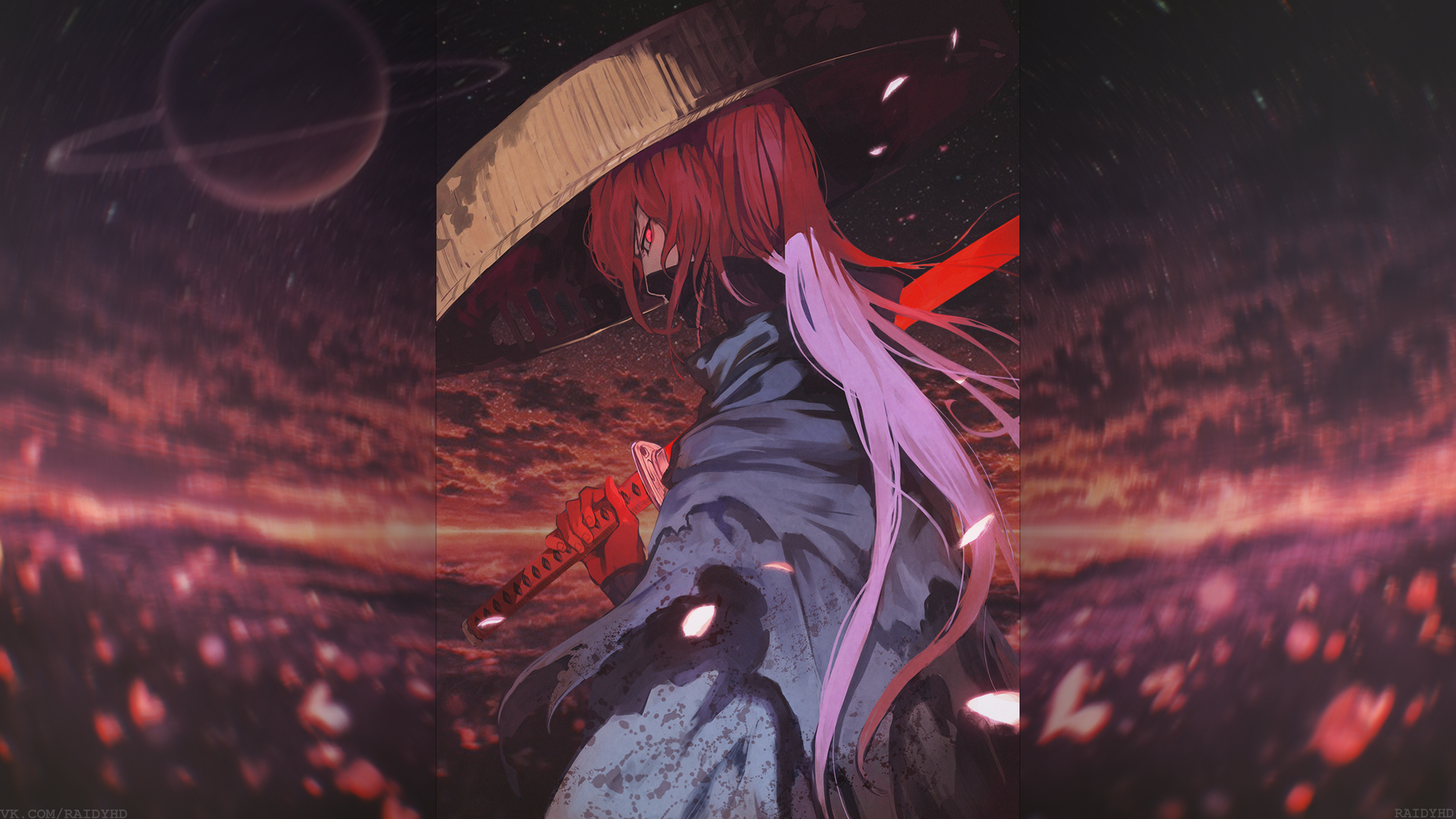 Anime Samurai with Red Hair and Katana in Space HD Wallpaper