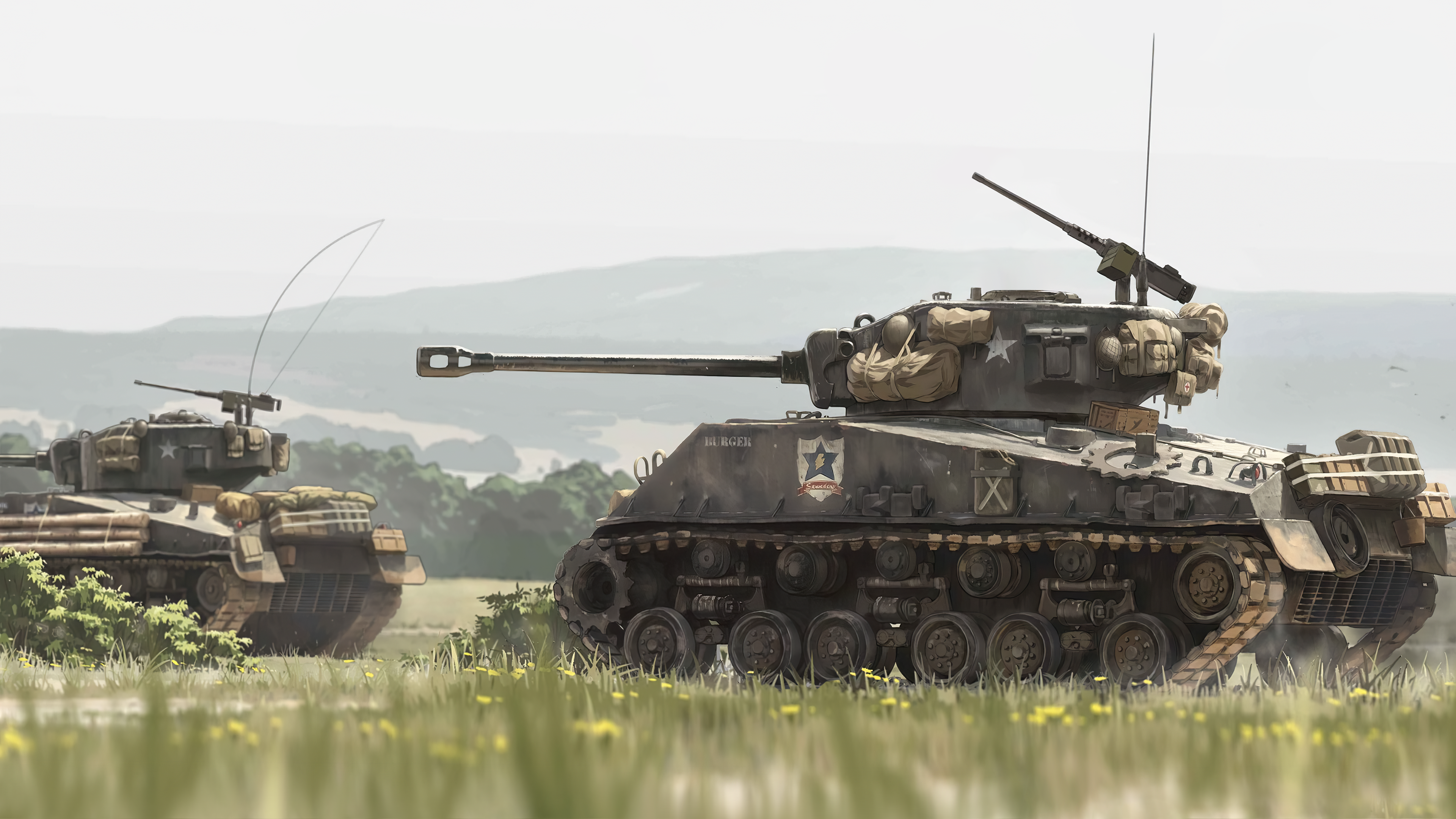Two Sherman tanks in a grassy field HD Wallpaper