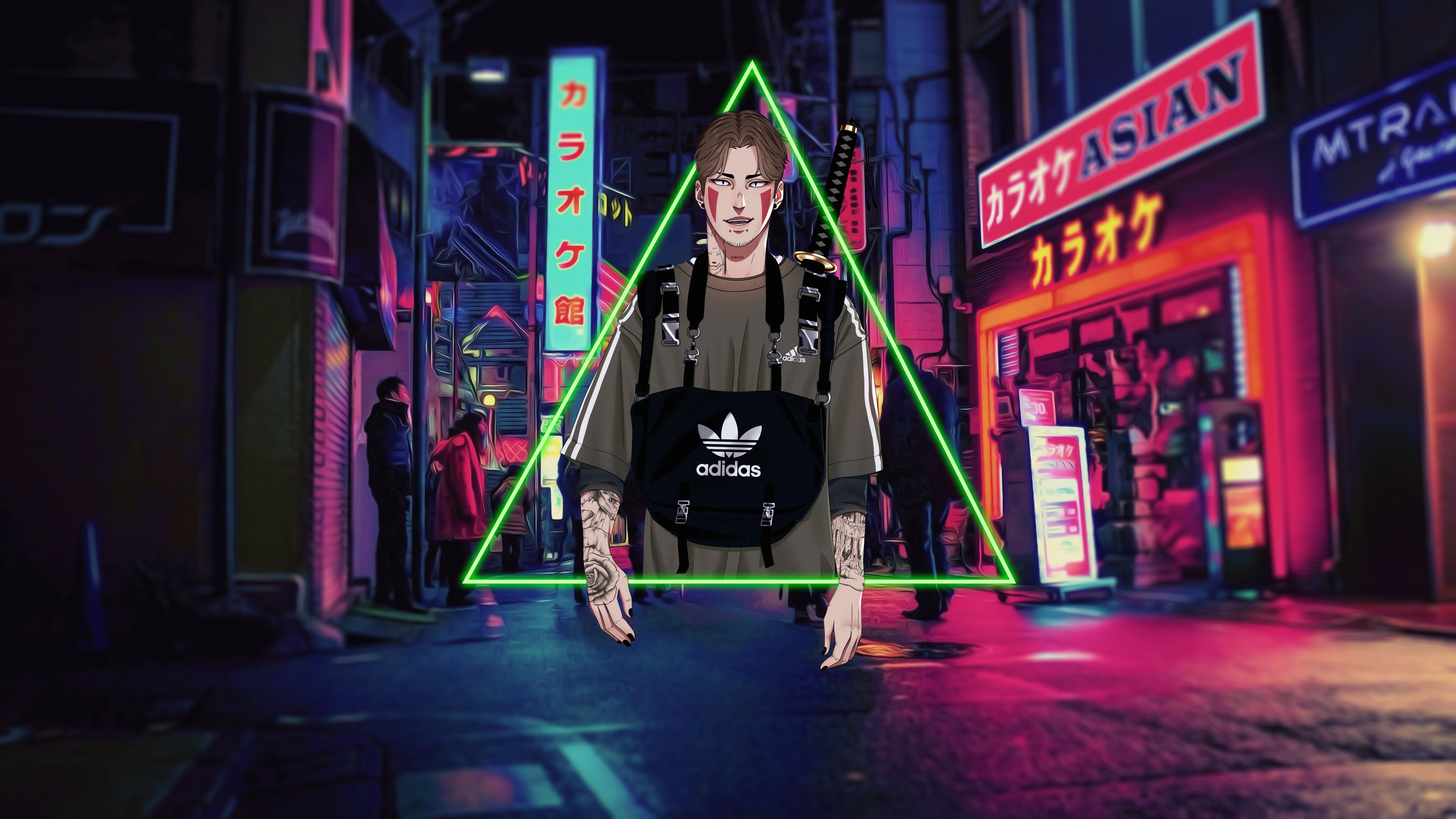 Anime character with Adidas bag in Tokyo street HD Wallpaper