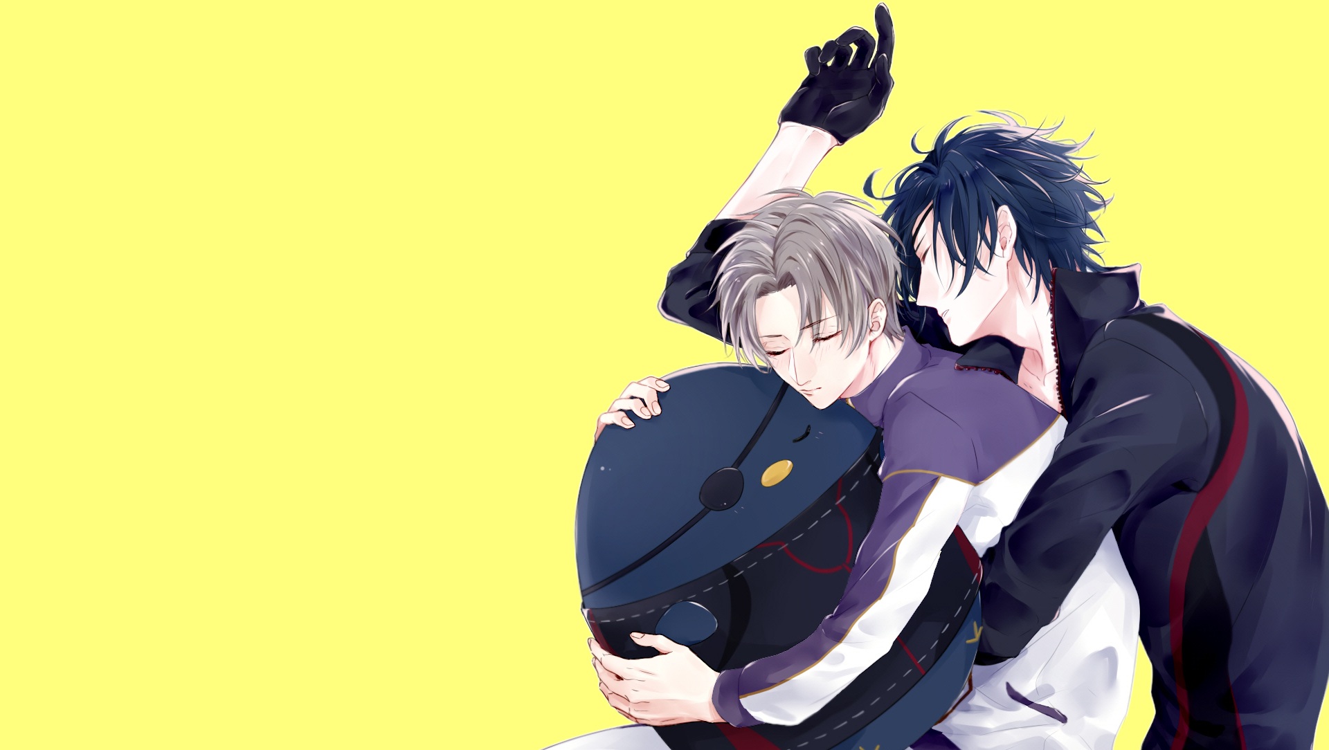 Two men hugging a plush toy HD Wallpaper