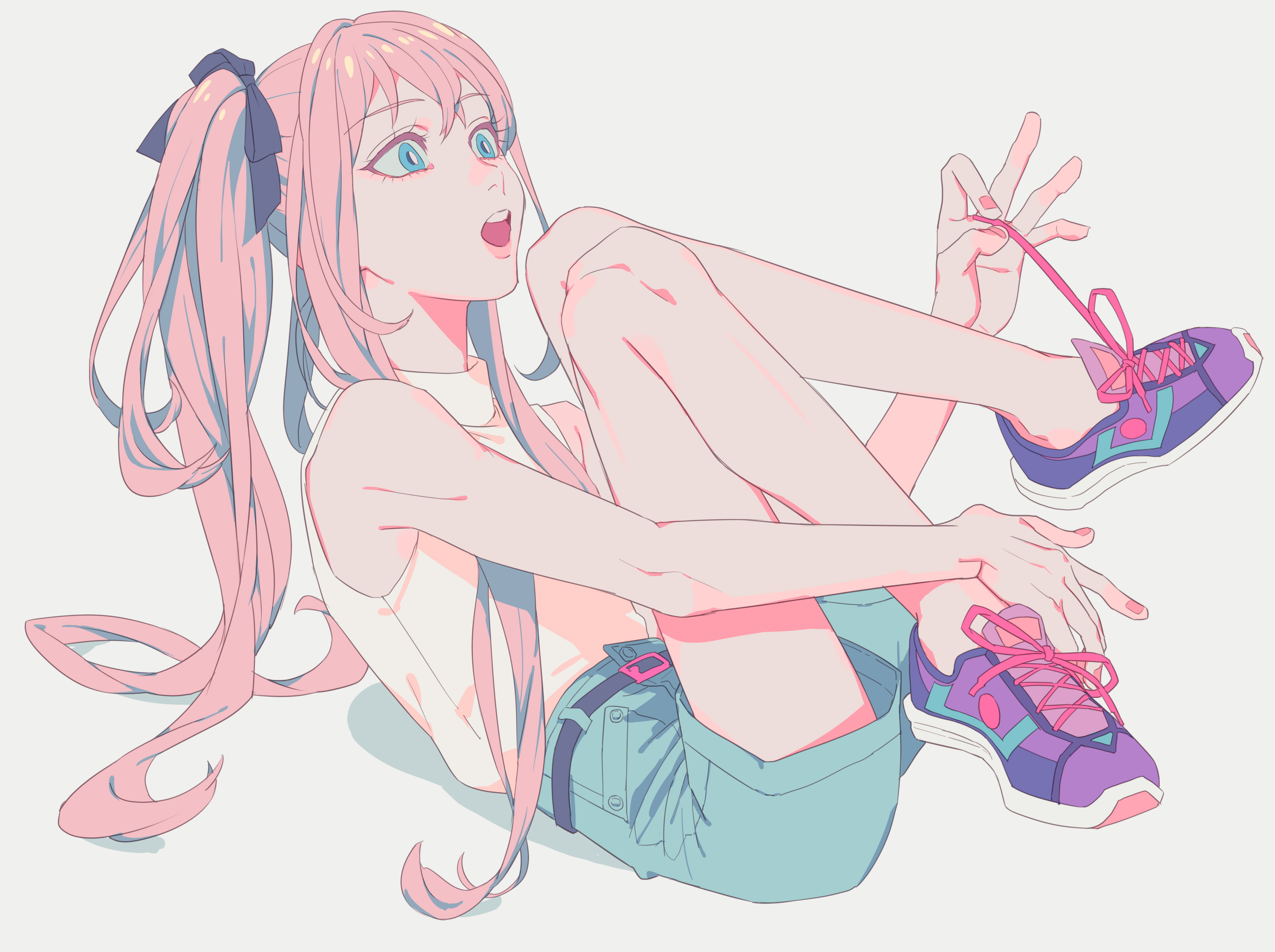 Girl with pink pigtails tying shoelaces HD Wallpaper