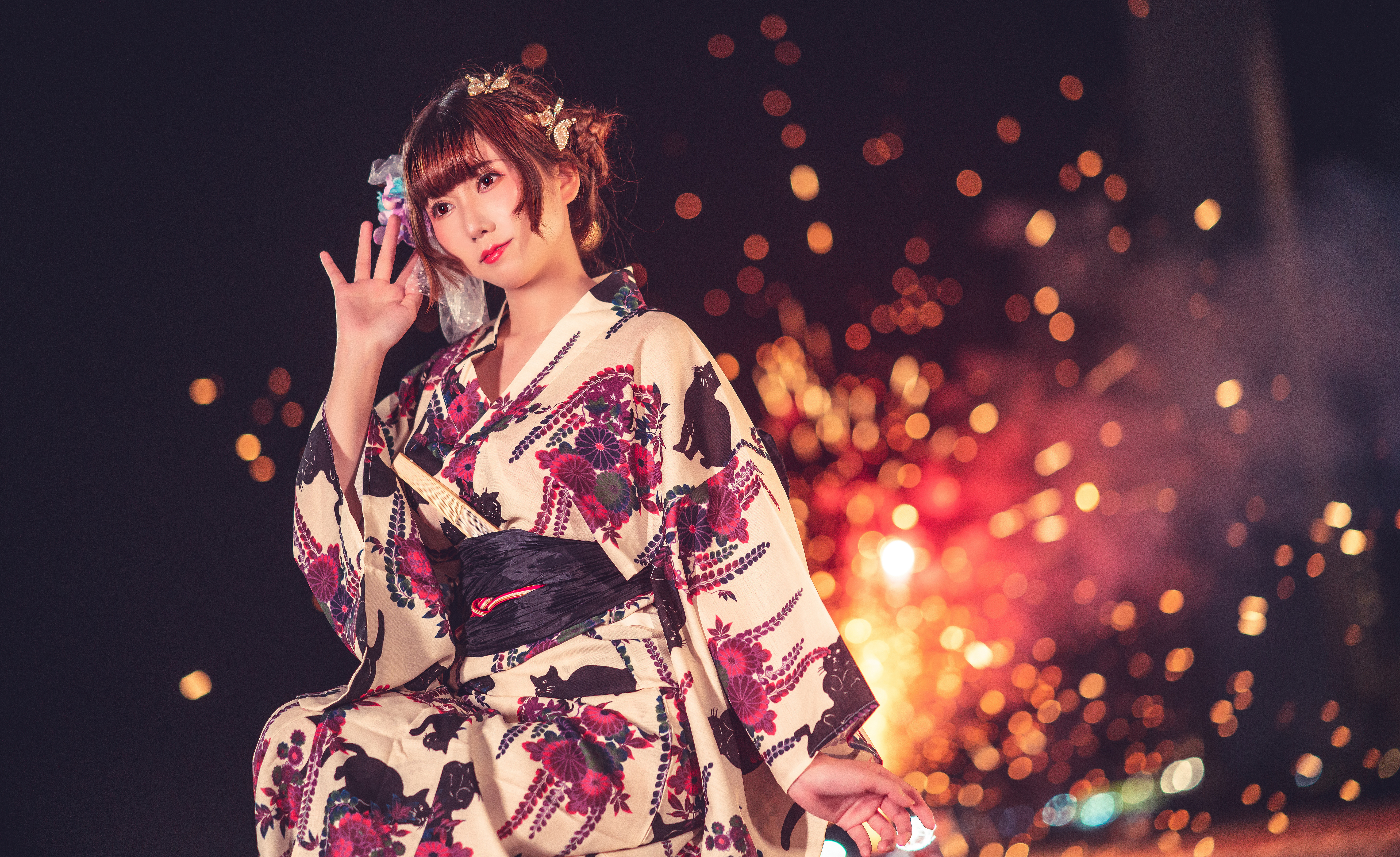 Asian woman in yukata with fireworks HD Wallpaper