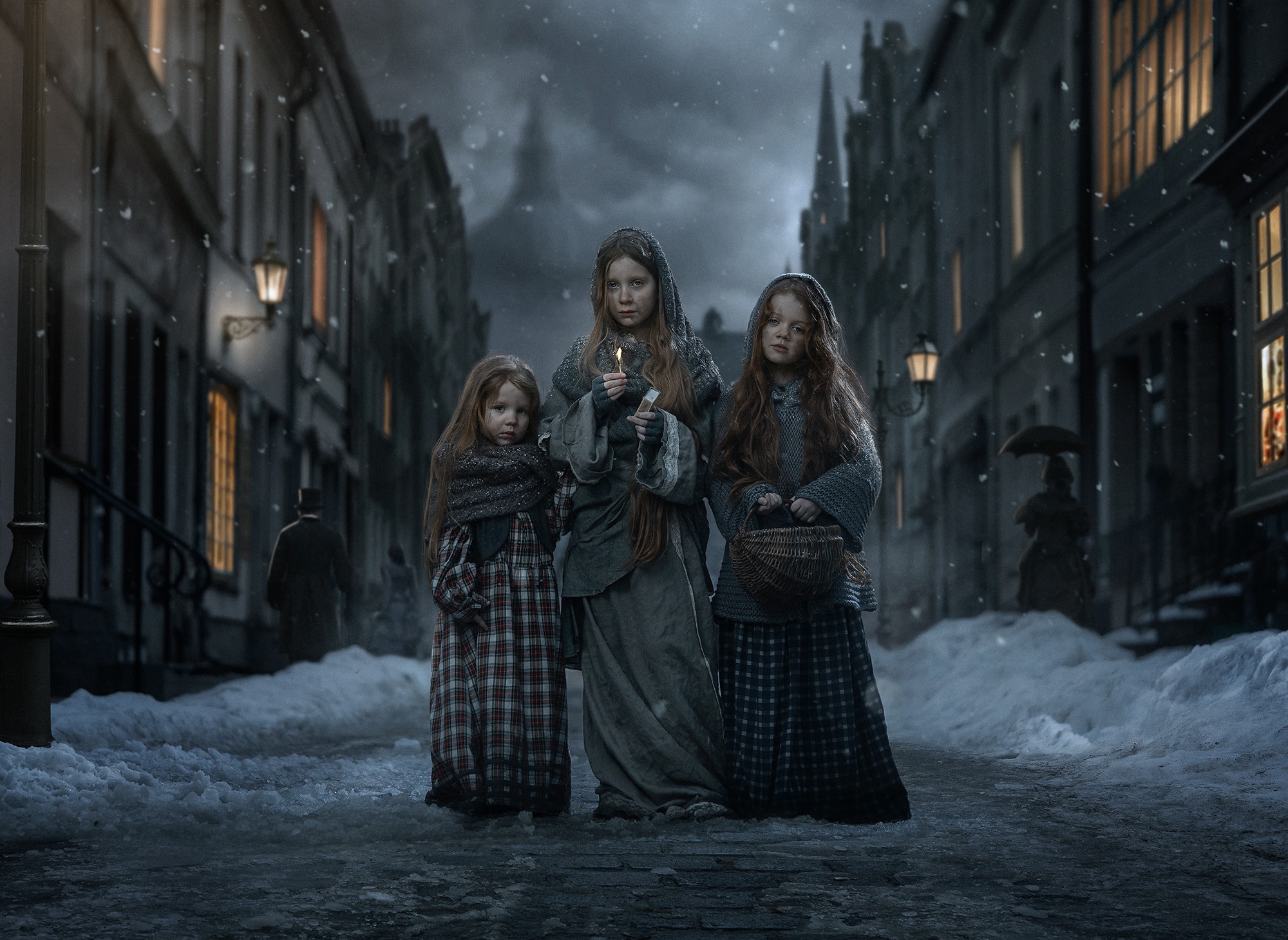 Three children in winter street with snow HD Wallpaper