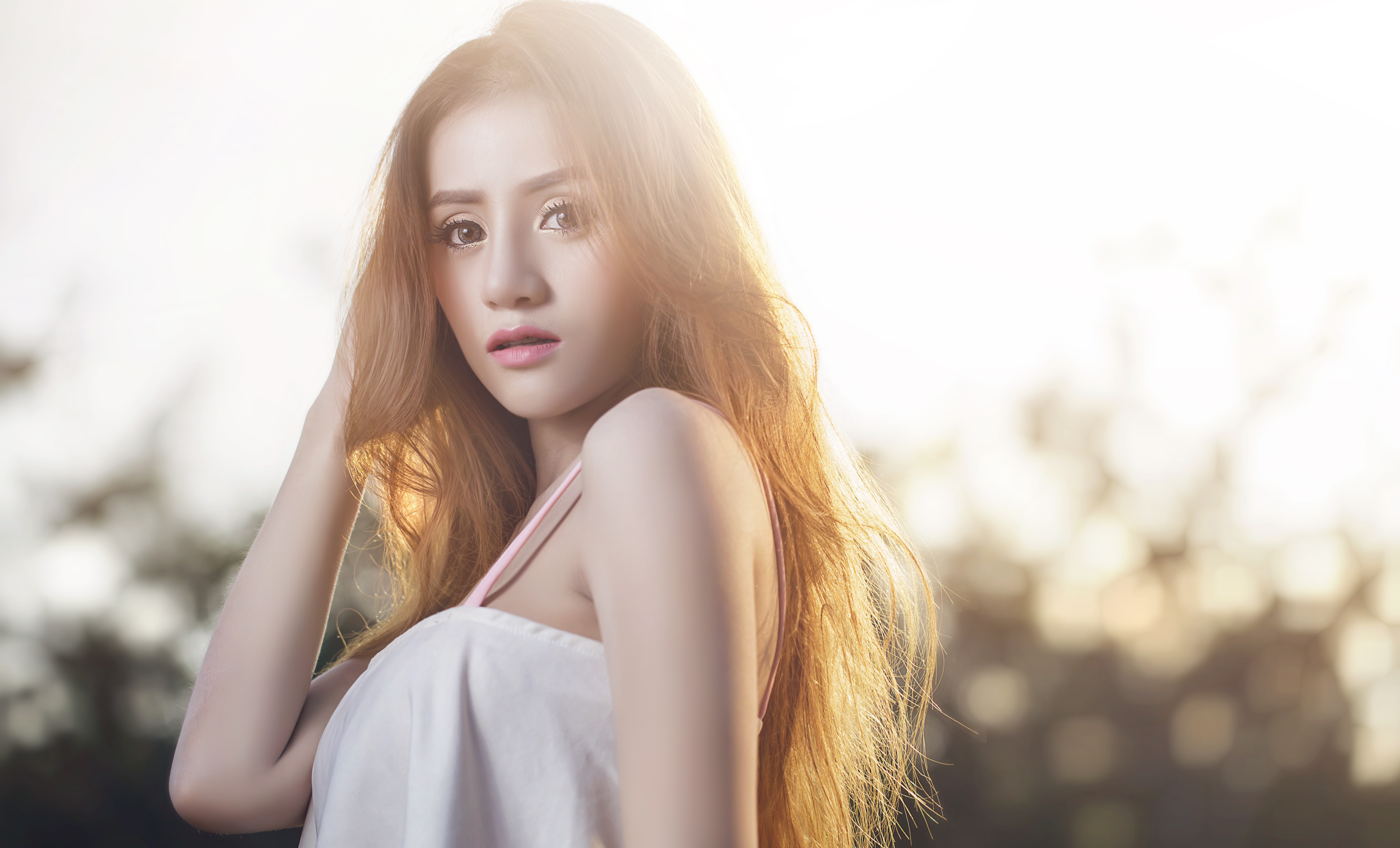 Asian woman with long hair in white dress HD Wallpaper