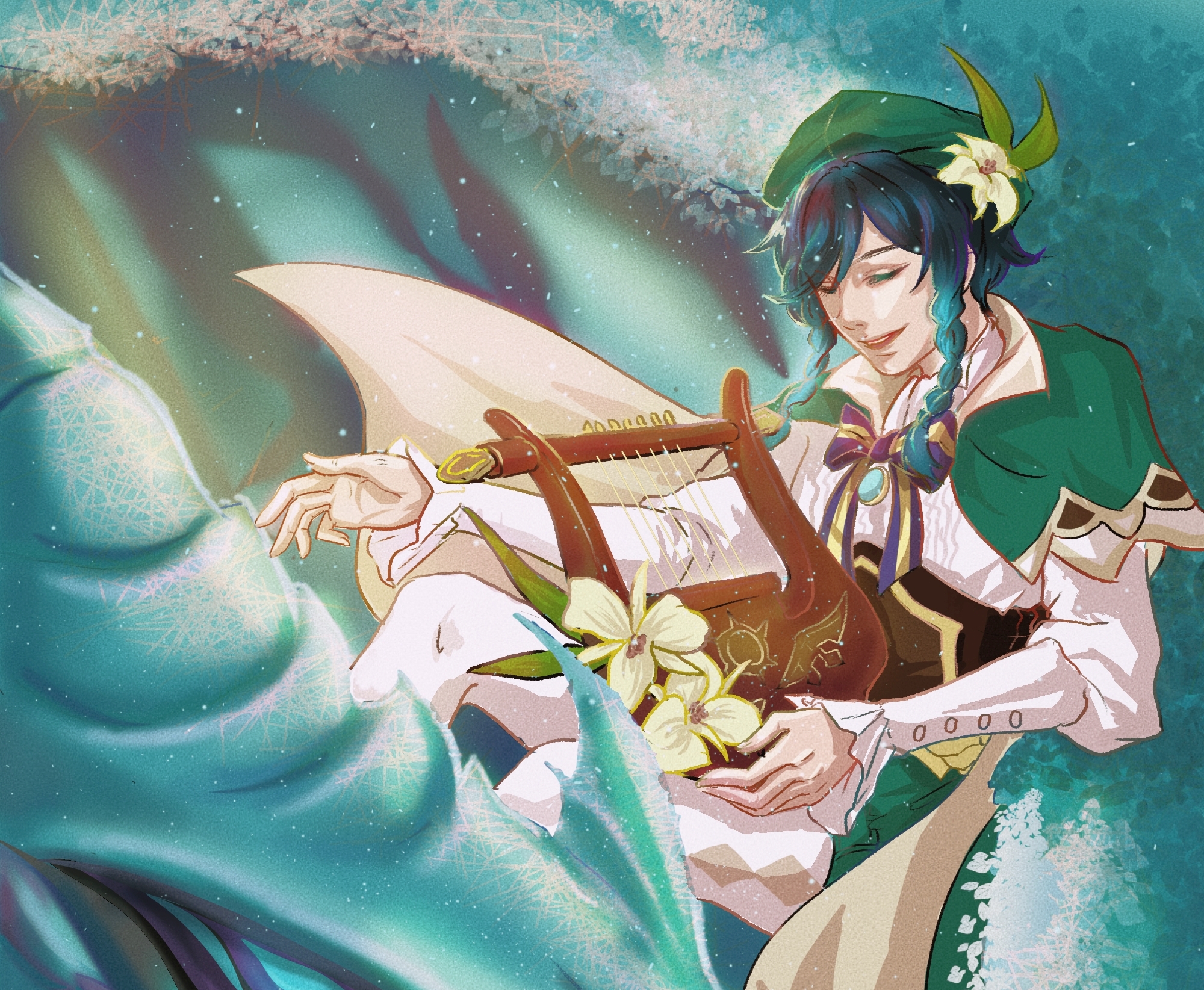 Venti from Genshin Impact playing a lyre HD Wallpaper