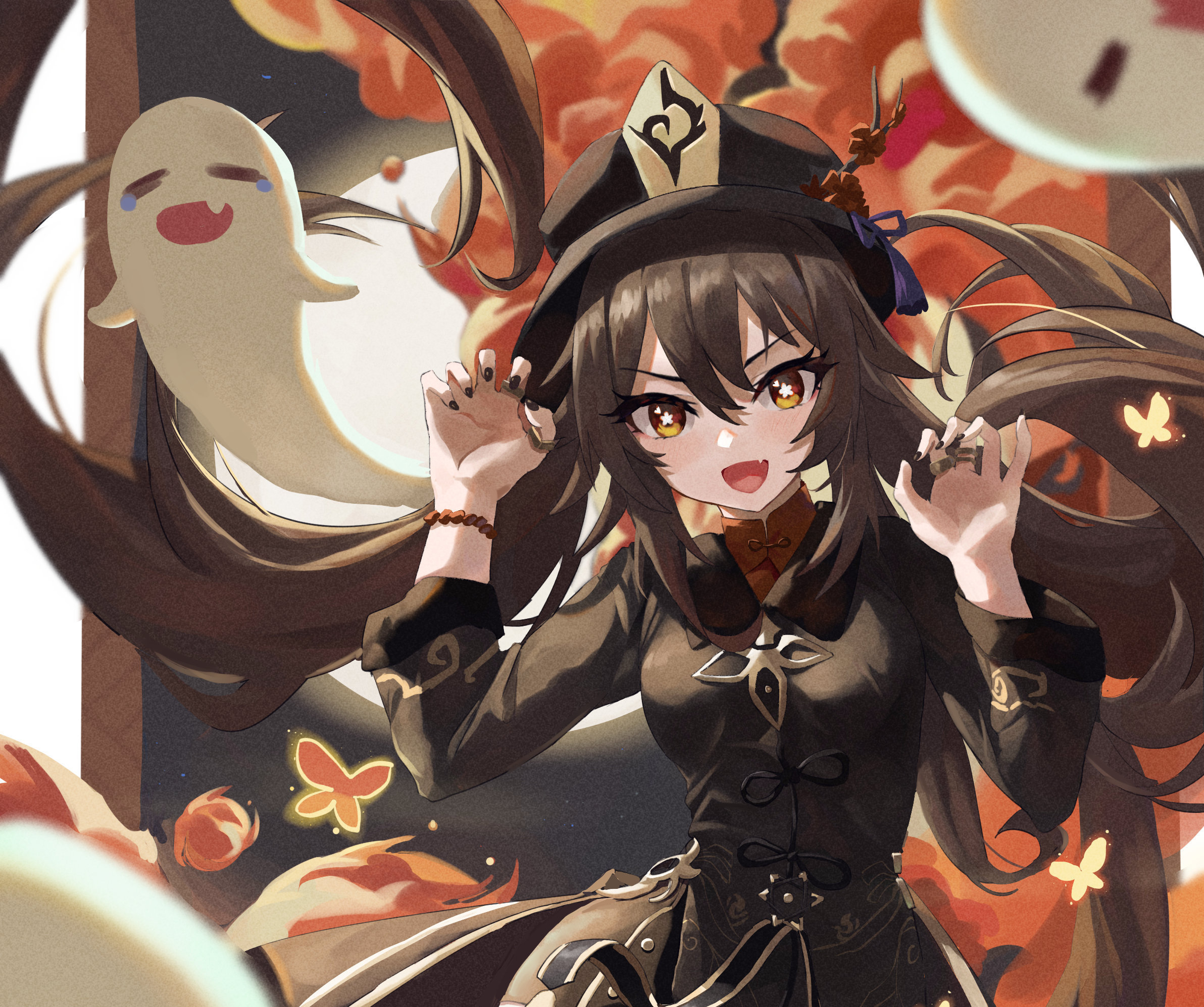 Hu Tao from Genshin Impact with a ghost HD Wallpaper