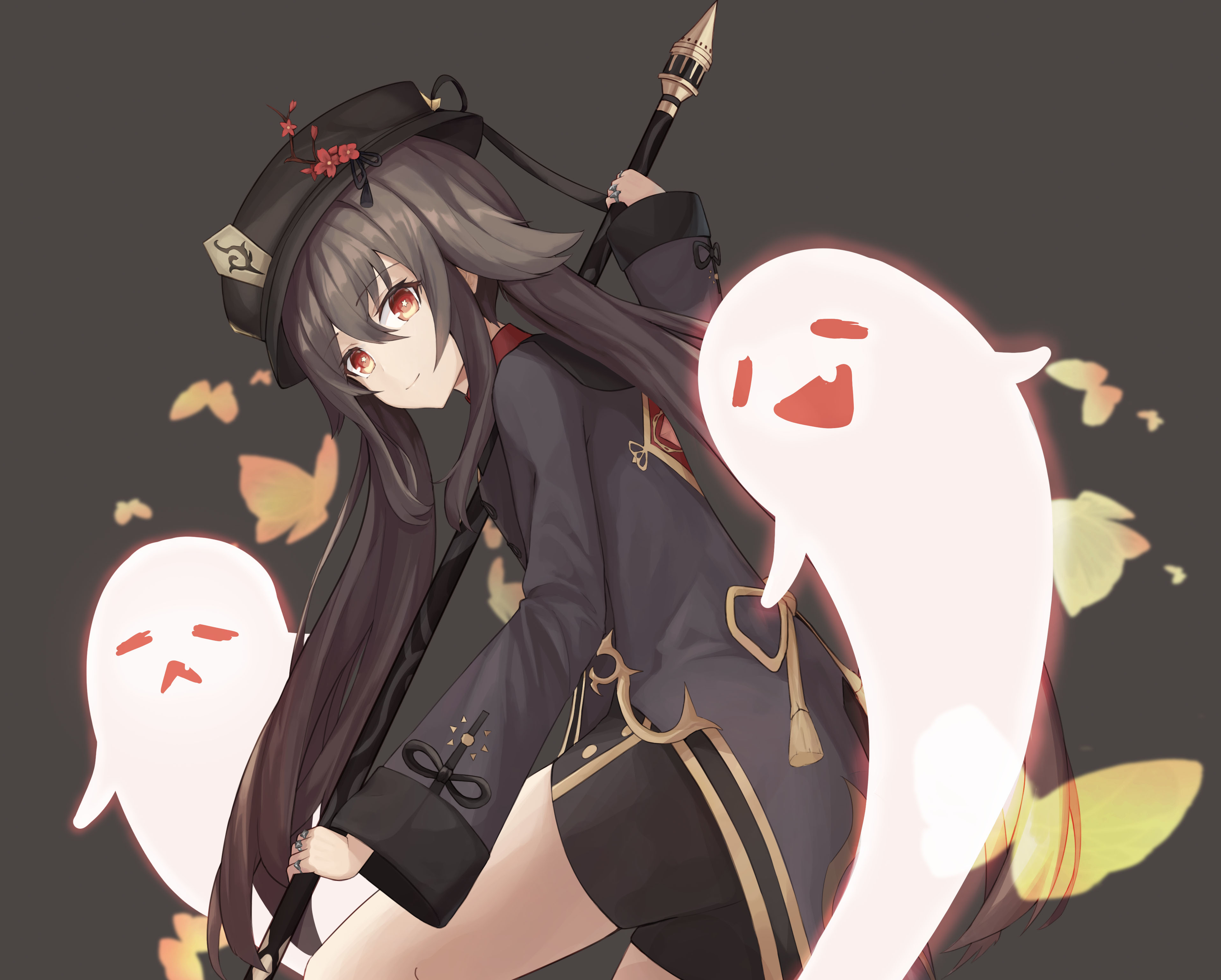 Hu Tao from Genshin Impact with ghosts HD Wallpaper