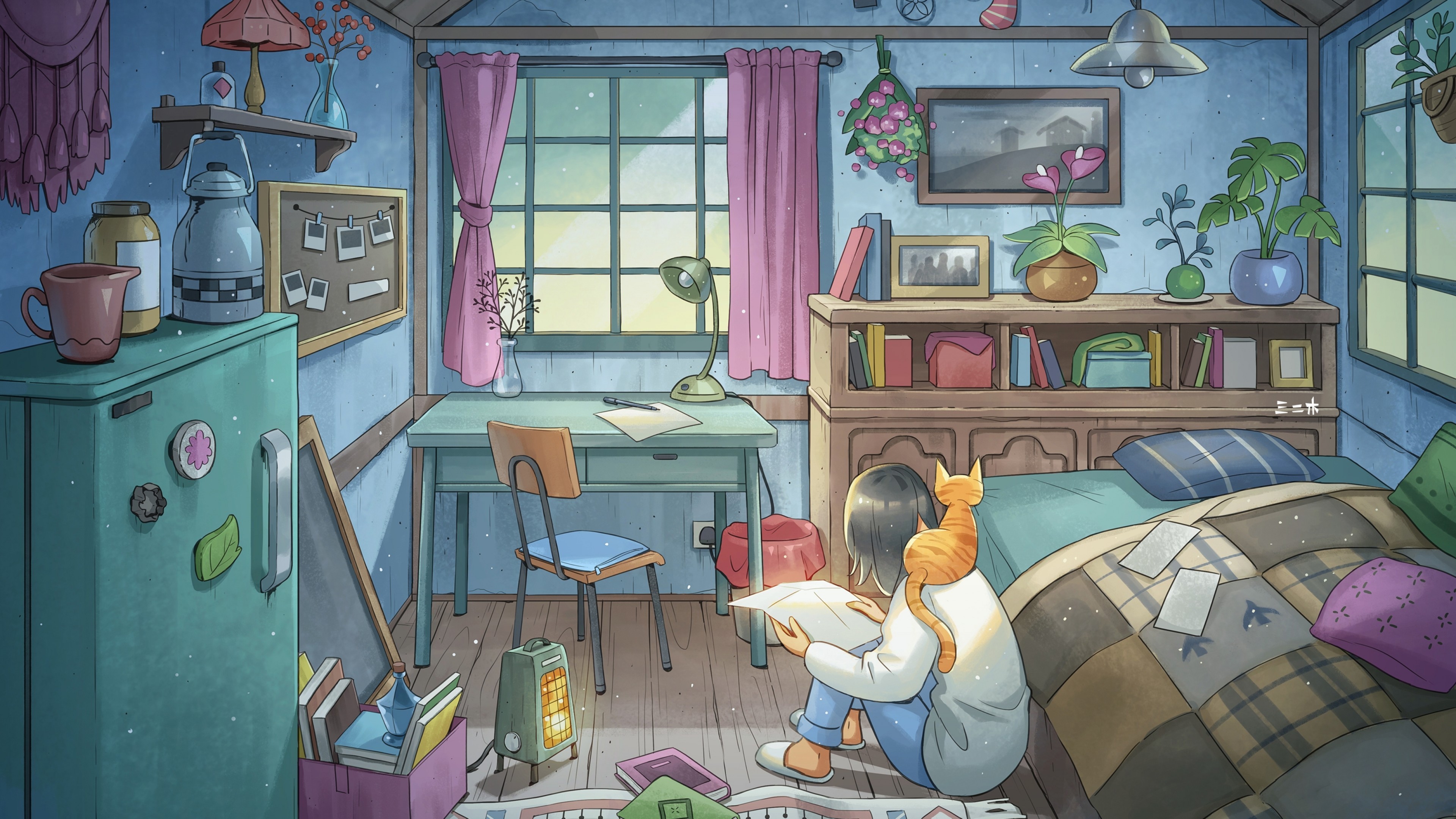 Cozy Bedroom with Girl and Cat HD Wallpaper